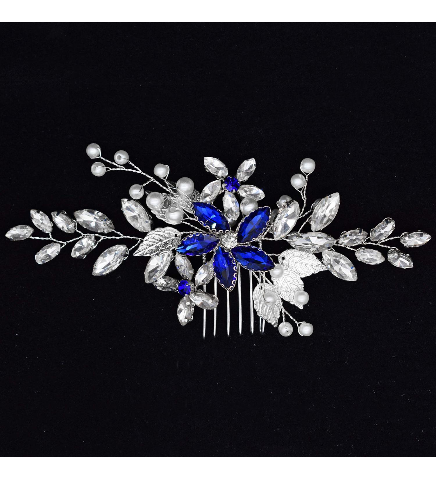 Silver Vintage Wedding Hair Comb with Blue Sapphire Rhinestone and Ivory Pearl - Handmade Bridal Headpiece for Brides and Bridesmaids - Buy Online on GoSupps.com