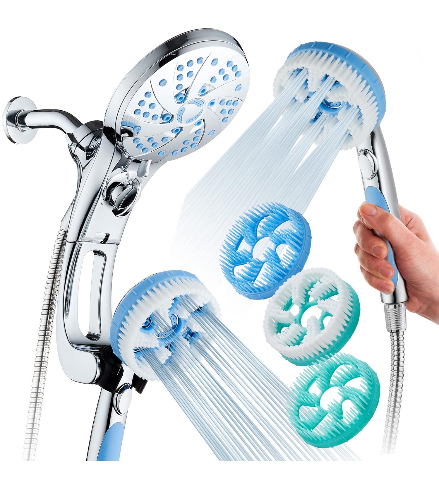 High Pressure 6-in-1 Aquassage by AquaCare - 76-mode Combo Showerhead with Hand Shower, Body Brush, Hair Brush & Arm in One! Stainless Steel Hose, Brush Holder - All-Chrome - Buy Online on GoSupps.com