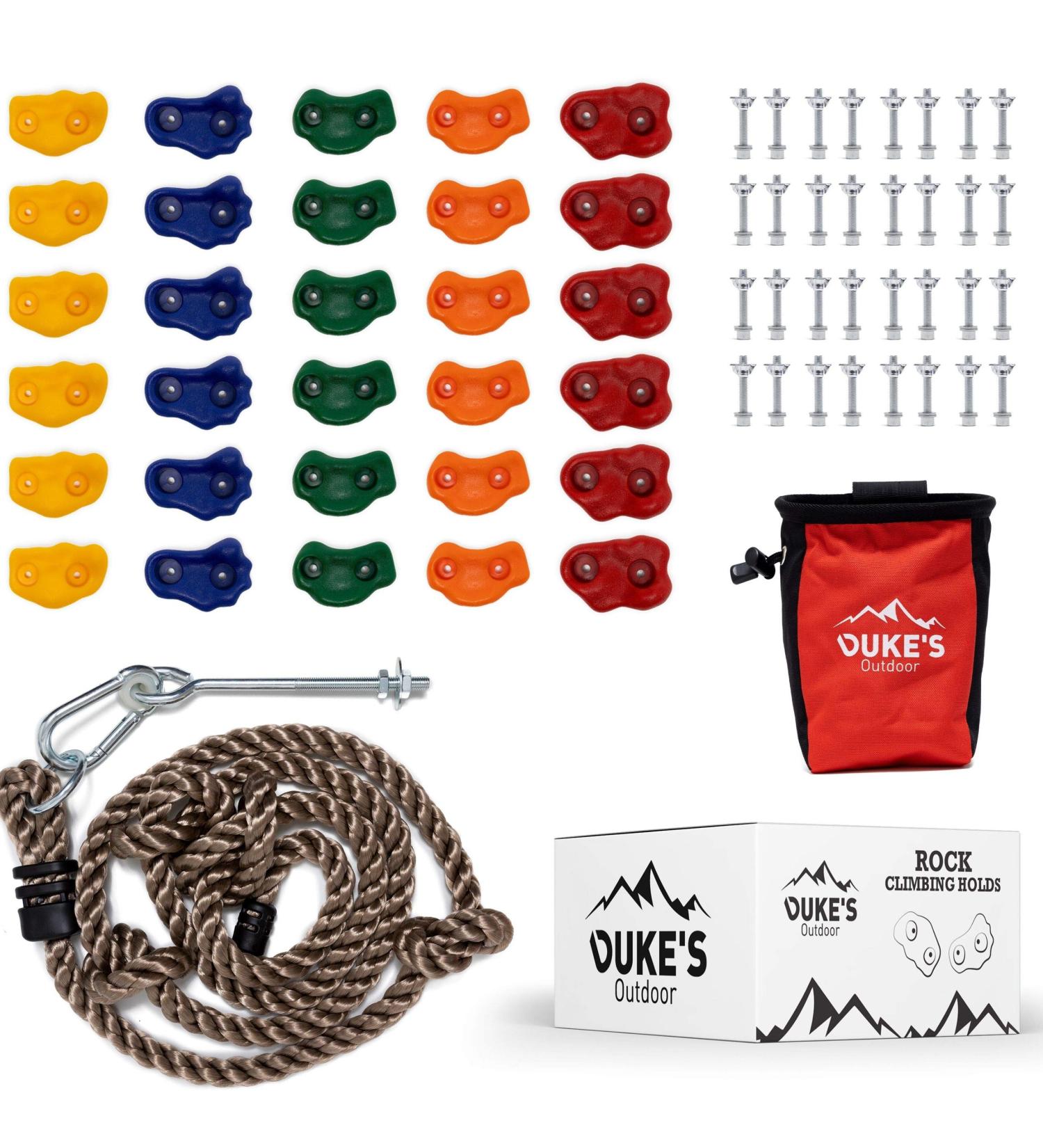 Duke's Kids Rock Climbing Holds Set - 30 Wall Grips with 8ft Rope, Chalk Bag & DIY Videos - Buy Online on GoSupps.com