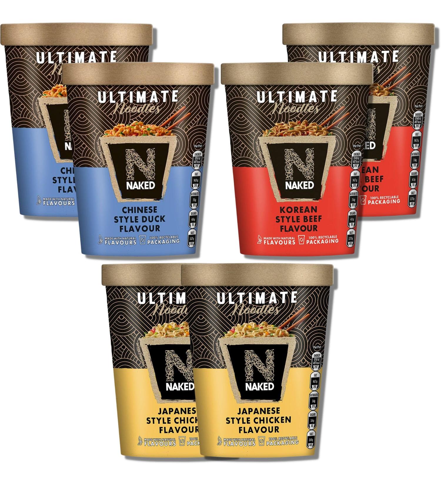Ultimate Naked Noodles Multipack - 2 each Japanese Style Chicken 90g Chinese Style Duck 90g and Korean Style Beef 90g bundled By The Great British Kitchen | Pot Noodles | Instant Noodles - Buy Online on GoSupps.com