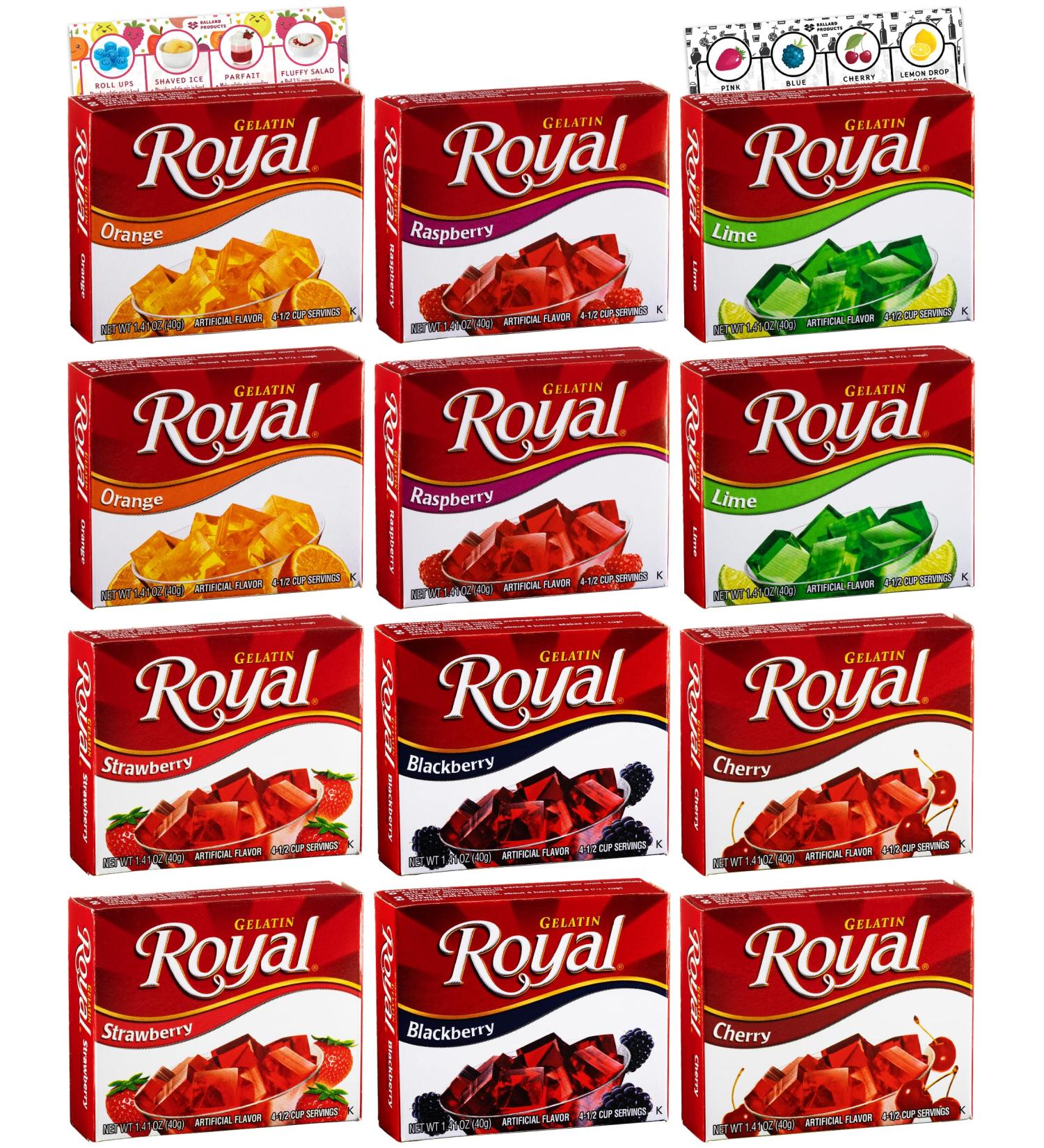 Royal Gelatin Variety Pack of 12 | 2 Box Each - Strawberry  Orange  Lime  Raspberry  Blackberry and Cherry | Bundled with Ballard Jello Shot Recipe Card and Ballard Cold Treats Card - Buy Online on GoSupps.com