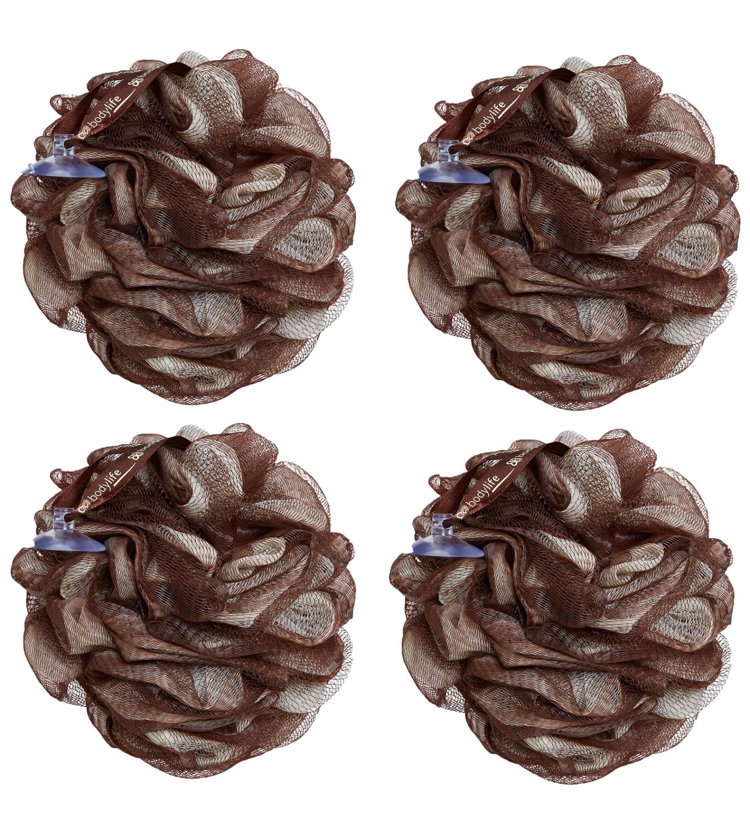 Bodylife Large Exfoliating Bath & Shower Body Puff/Scrunchie/Buffer Chocolate 95g Four Pack