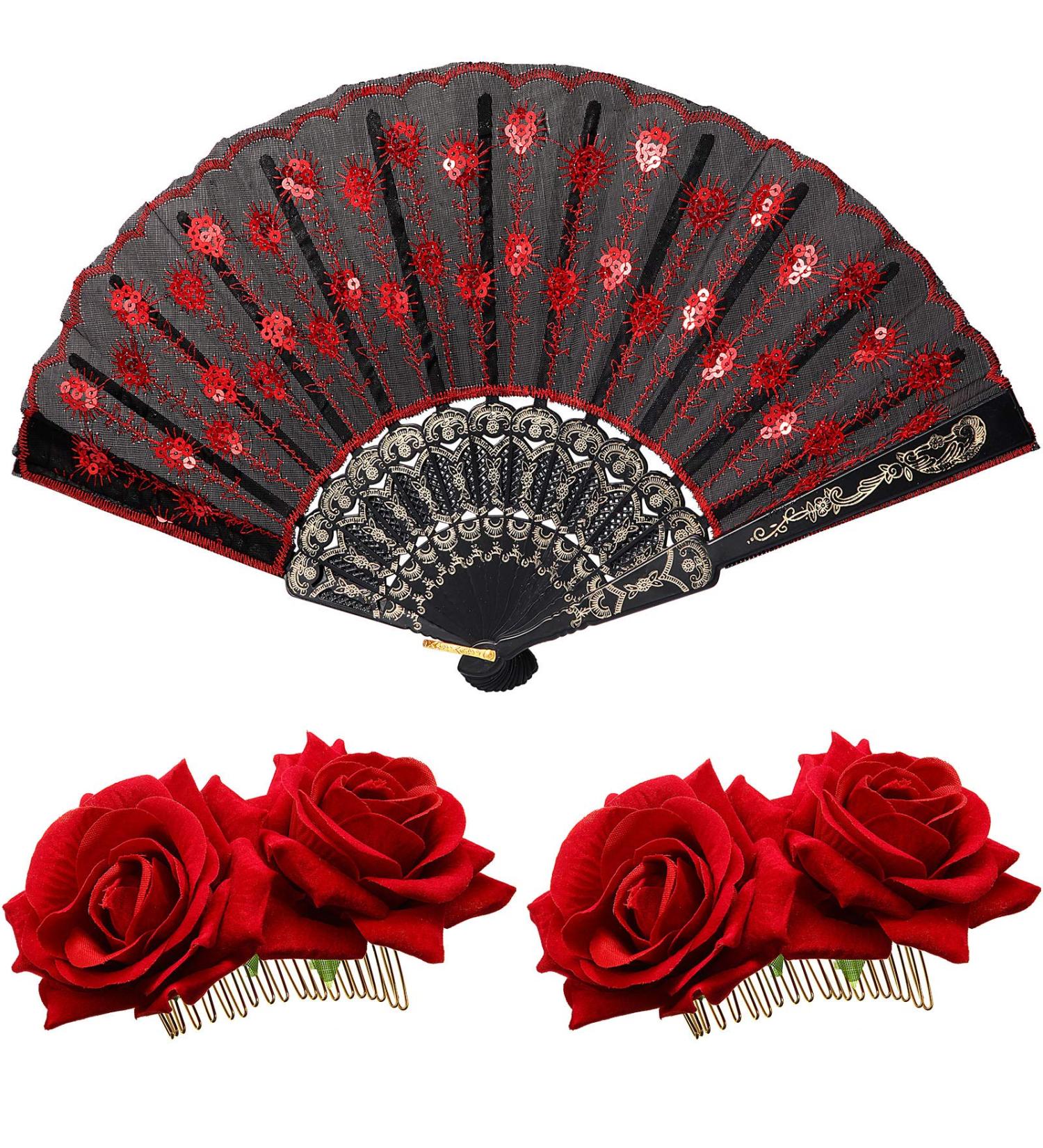 Women Rose Flower Hair Clip & Sequins Fabric Folding Fan Set for Flamenco Dancer Costume & Halloween Cosplay - Buy Online on GoSupps.com