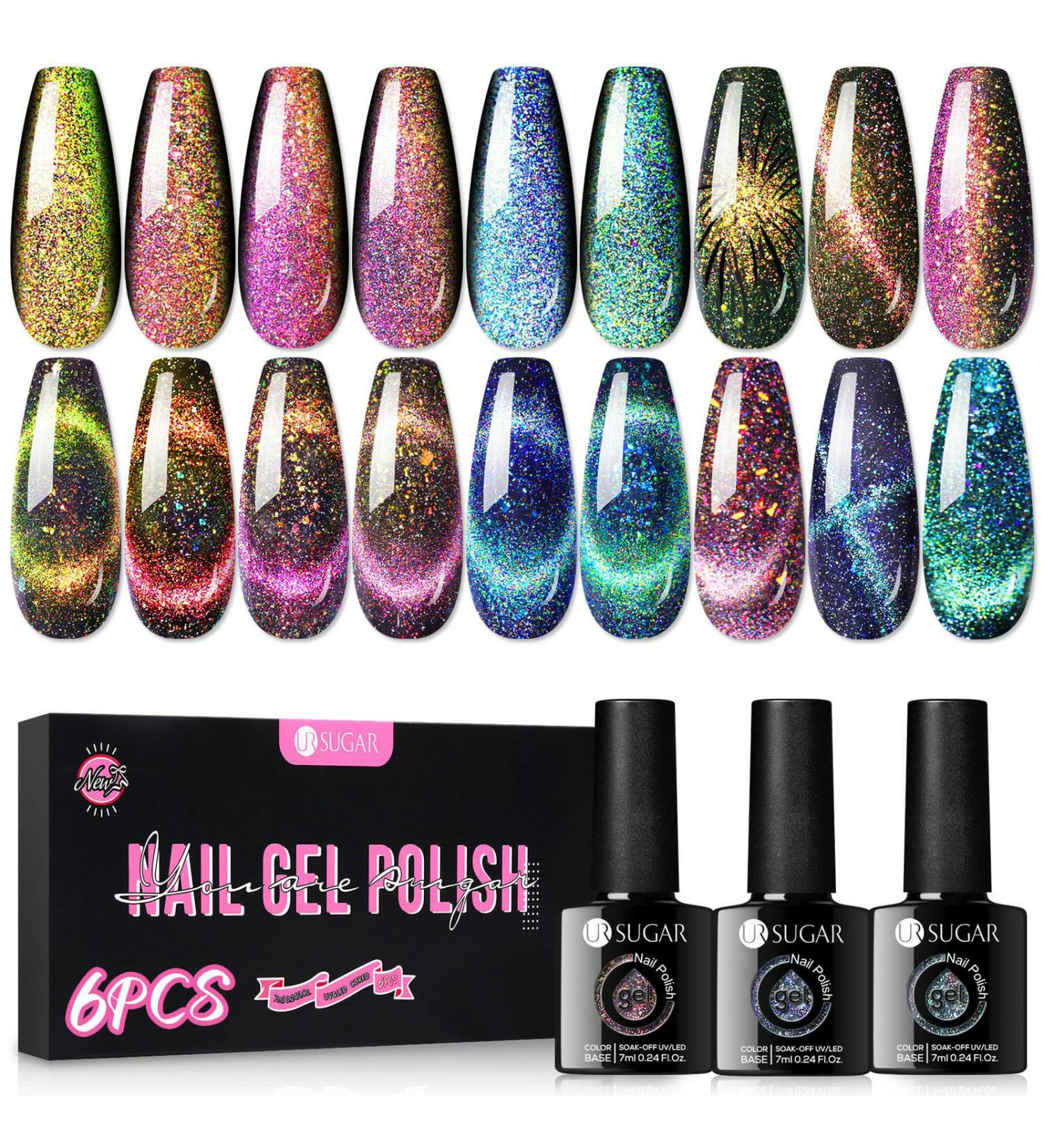 UR SUGAR Cat Magnetic Eye Gel Nail Polish Kit - 6 Reflective Glitter Colours for Sparkling Diamond Effects - Soak Off Gel Manicure Set - Buy Online on GoSupps.com