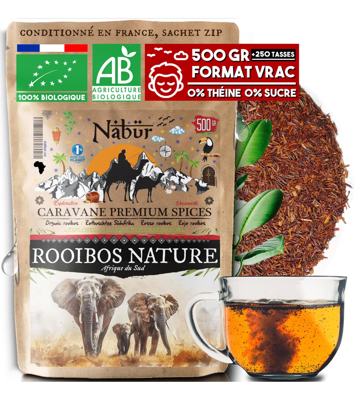 Nab r - Rooibos Nature BIO 500 gr | 100% Agriculture Biologique | Th Rouge Antioxydant Sans Th ine | Doux Relaxant | Rooibos vrac - Buy Online on GoSupps.com