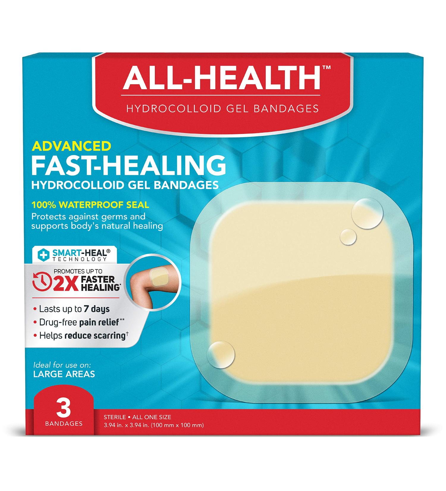 All Health Advanced Fast Healing Hydrocolloid Gel Bandages - Extra Large Wound Dressing, 3 ct - 2X Faster Healing for Blisters and Wound Care - 3 Count Pack - Buy Online on GoSupps.com