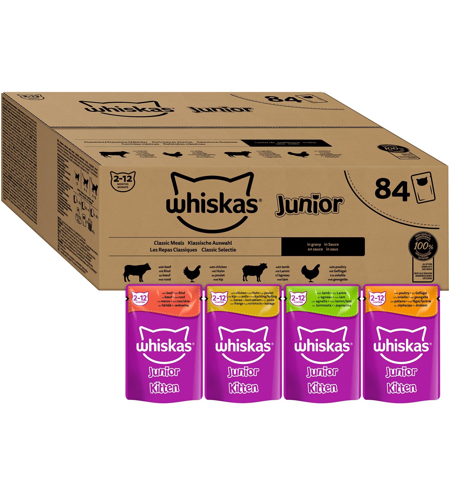 Whiskas Junior Katznassfutter Classic Selection in Sauce - 84x85g High-Quality Wet Cat Food for Adolescents (2-12 Months) - 7.14 kg Large Pack - Buy Online on GoSupps.com
