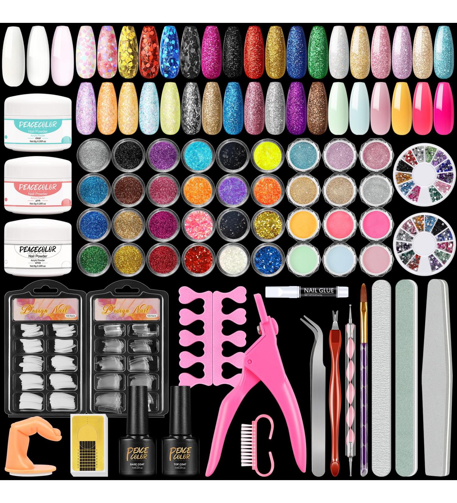 PEACECOLOR Acrylic Nail Kits Full Set for Beginners with Pink Clear White Acrylic Powder and Liquid 36PC Glitter Nail Decoration Powder Top Base Coat for Acrylic Nail Extension Carving Beauty Gifts XA-48 - Buy Online on GoSupps.com