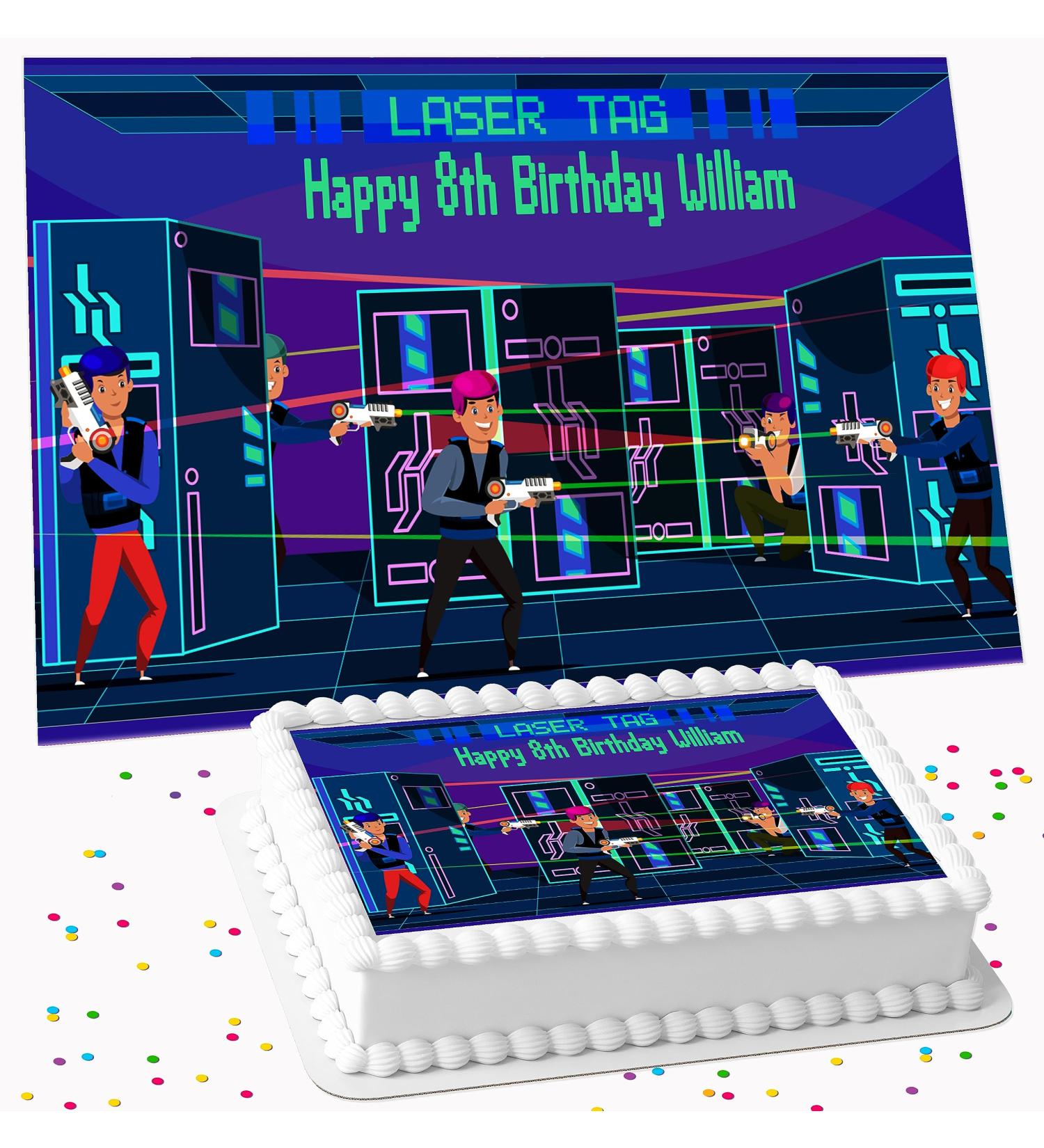 LASER TAG BIRTHDAY PARTY PERSONALISED ICING EDIBLE COSTCO CAKE TOPPER R1-302