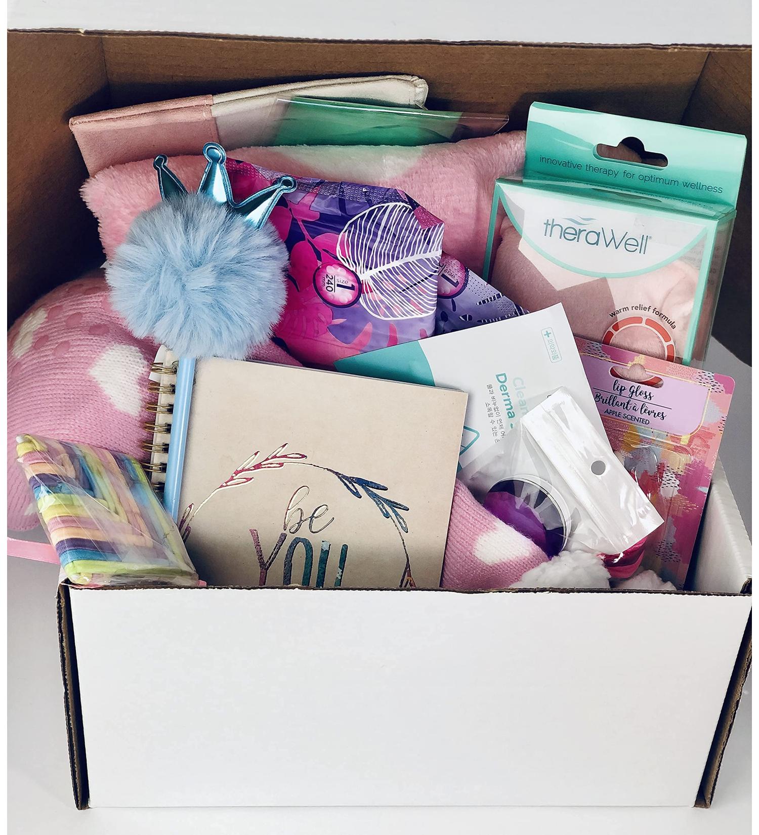 Teen Tween PreTeen Menstrual First Period Kit with Cramp Relief - Includes Blanket, Hot Cold Wrap, Sanitary Pads, Socks, Pop Socket & More - Buy Online on GoSupps.com