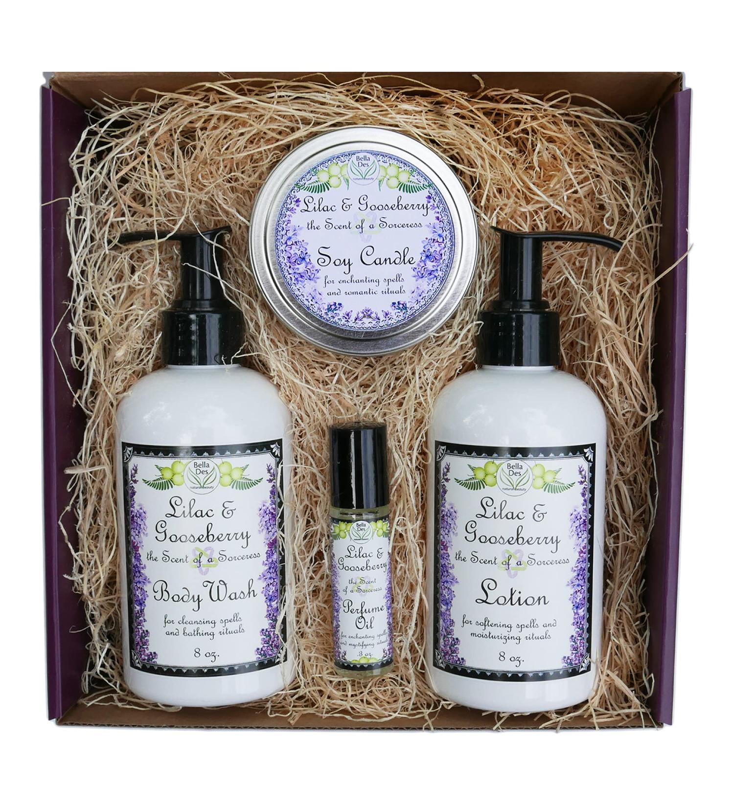 Lilac & Gooseberry Gift Set | Perfume Lotion Body Wash and Soy Candle | Full Size Items in Pretty Box with Bow and Card | Yennefer Scent of a Sorceress by Bella Des Natural Beauty - Buy Online on GoSupps.com