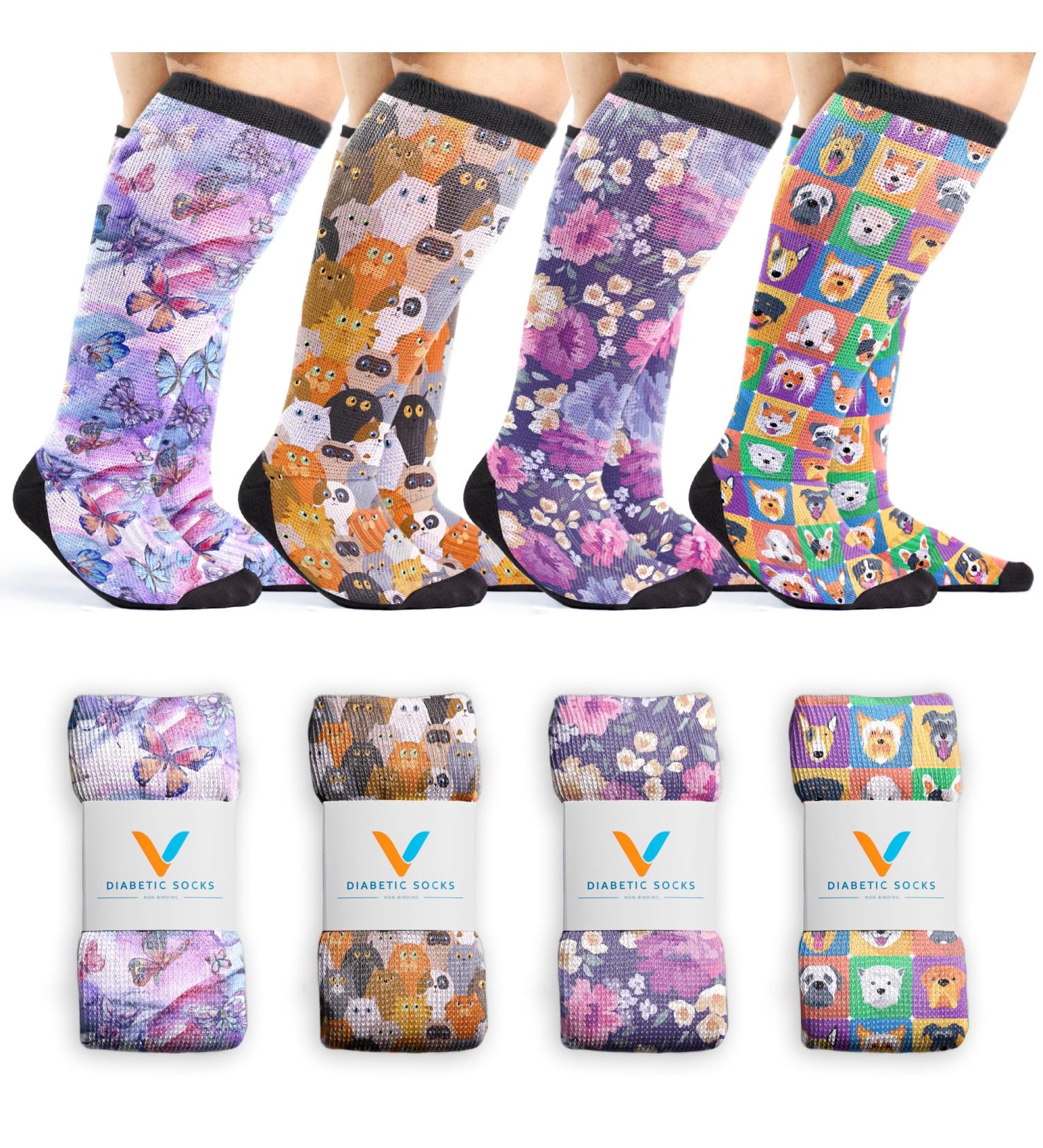 Viasox 4 Pack Non-Binding Diabetic Socks for Men & Women X-Large - Paws & Petals Design - Buy Online on GoSupps.com