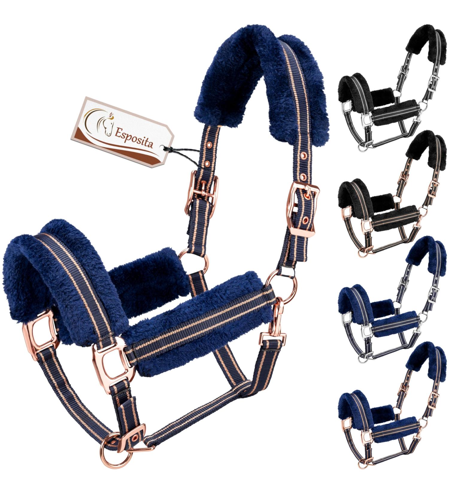 Esposita Champion Edition Halfter - Soft Fluffy Stallhalter with Synthetic Fur (COB/VB Navy/Rosegold) - Premium Equestrian Gear - Buy Online on GoSupps.com