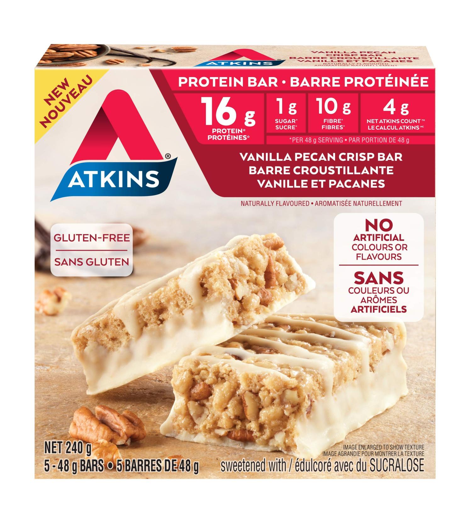 Atkins Protein Bars - Vanilla Pecan Crisp Low Sugar Keto Friendly High Protein High Fibre 1g Sugar 4g Carbs 5ct - Buy Online on GoSupps.com