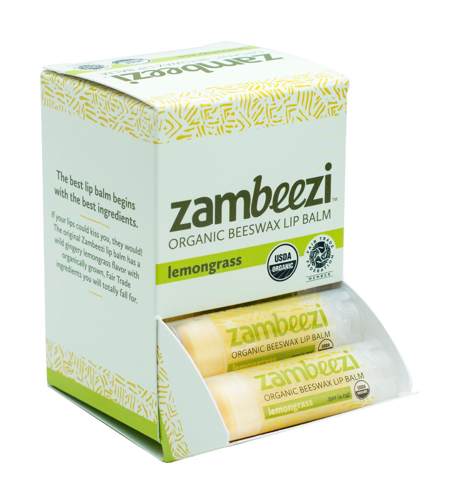 Case of Beeswax Lip Balm by ZAMBEEZI - Lemongrass 24-Tube Carton - Crafted with USDA Organic Fair Trade Lip Refreshing Ingredients from Zambia Africa - Buy Online on GoSupps.com
