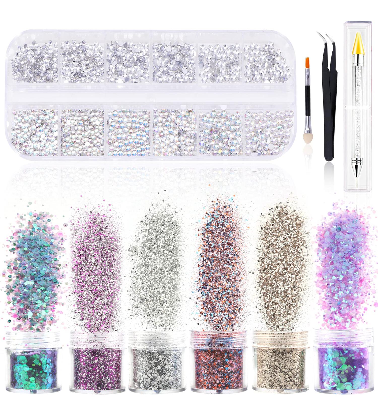 Howaf 6 Boxes Nail Glitter Sequins | 800PCs Stick Stones Brushes & Tweezers | Crystal Self-Adhesive Makeup Decoration for Nails & Body - Buy Online on GoSupps.com