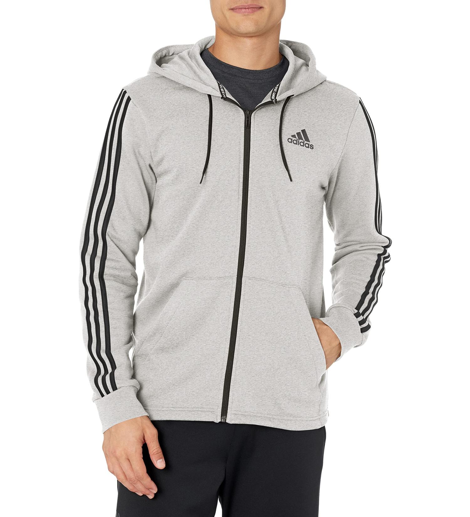 adidas Men's Must Haves 3-Stripes French Terry Reflective Hooded Track Top Medium Medium Grey Heather/Black