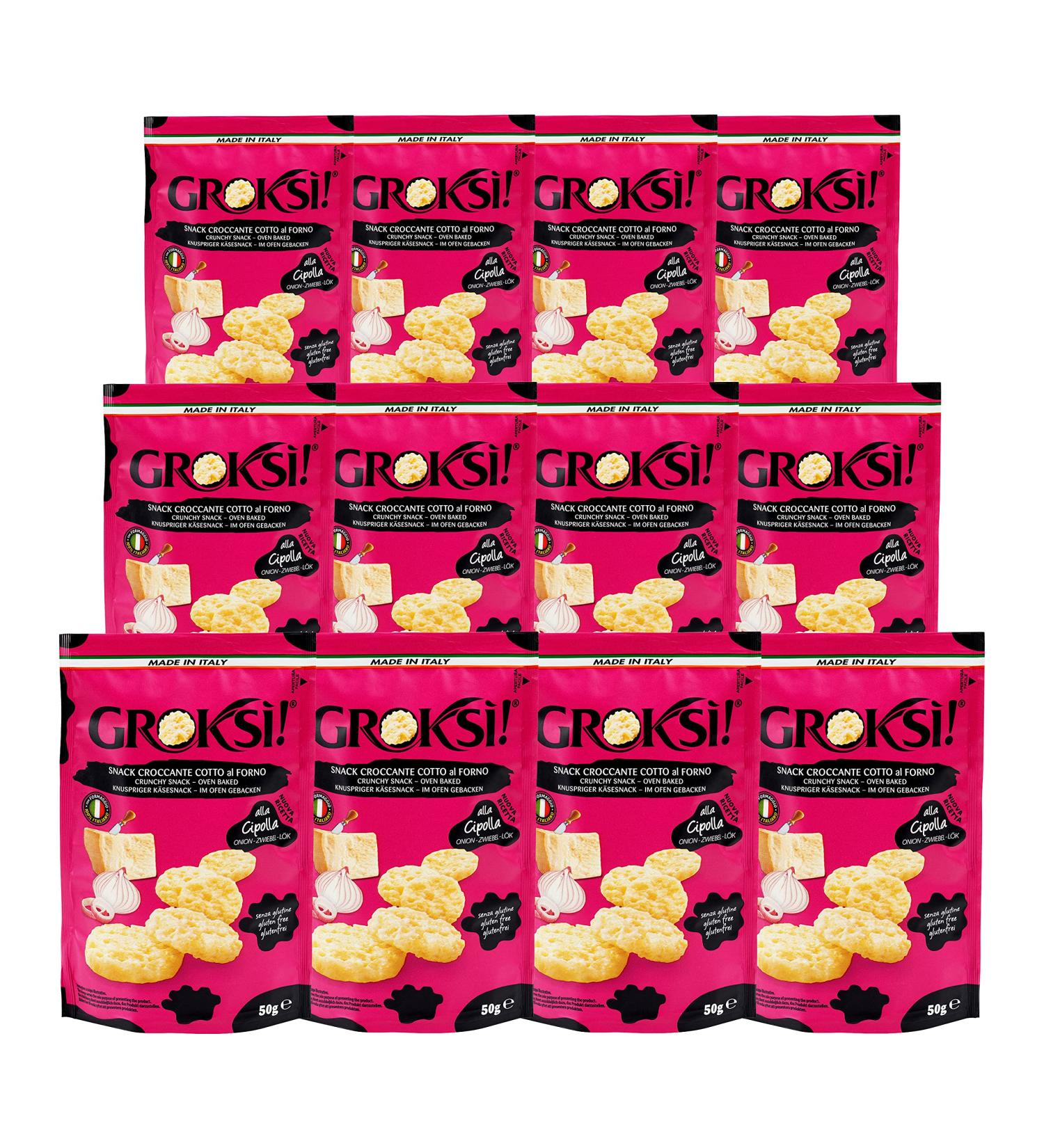 Groksi Cheese Onion 50g | Gluten-Free Crispy Cheese Snack from Italy | Hard Cheese Crackers | Protein Snack (12-Pack) - Buy Online on GoSupps.com