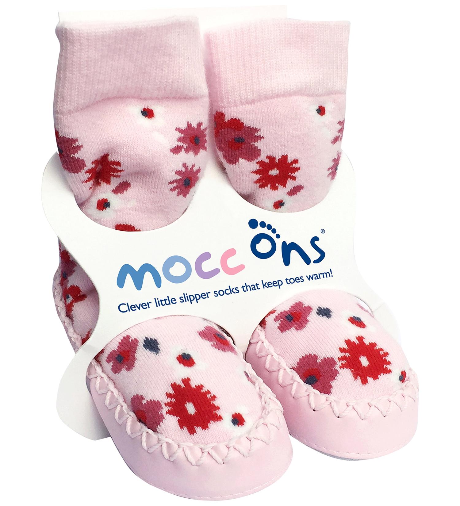 Mocc Ons moccasin washable leather sole slipper socks (6-12 Months Floral Ditsy)