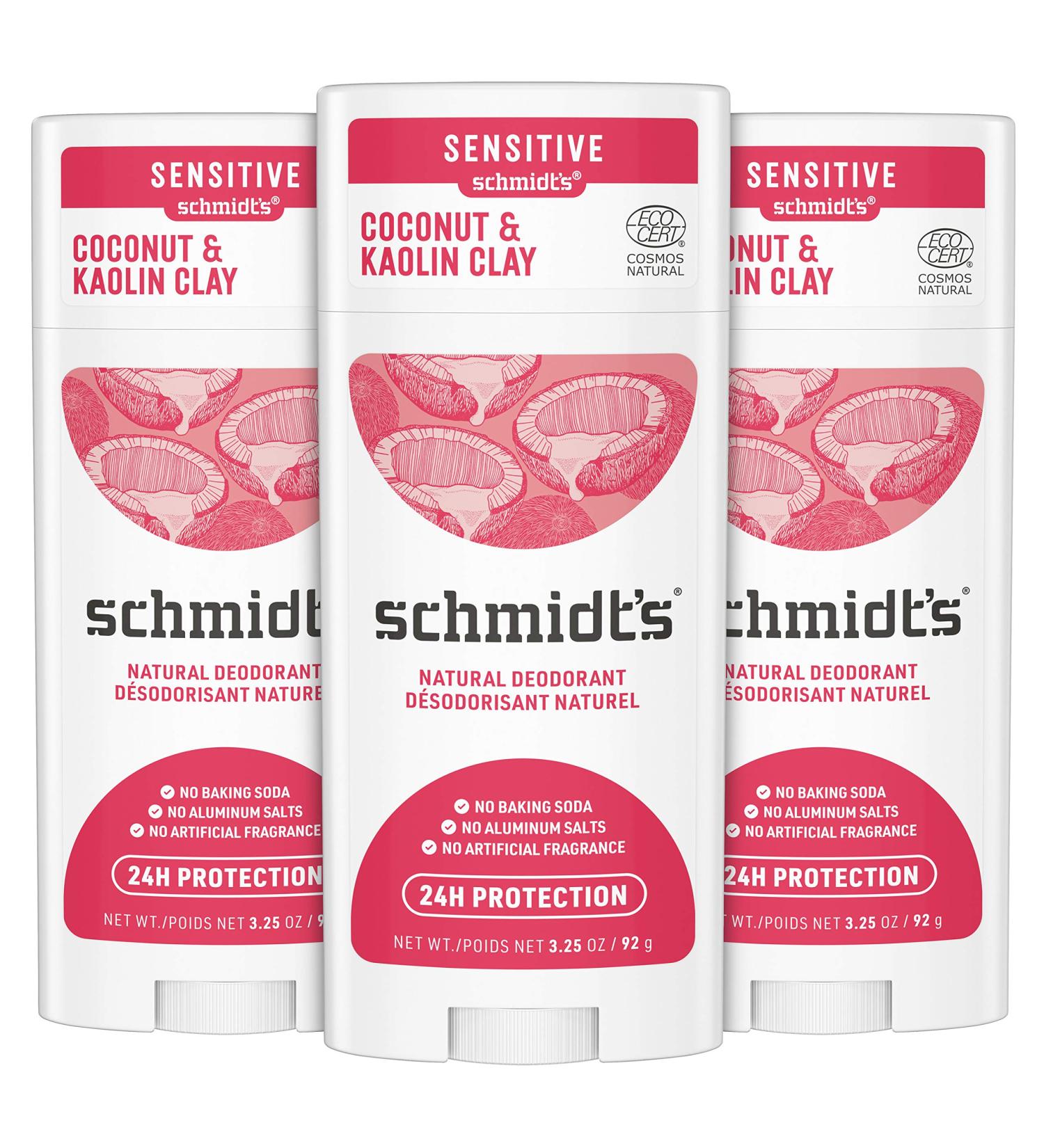Schmidt's Coconut & Kaolin Clay Deodorant 3.25 oz 3 Pack - Natural, Aluminum-Free, Vegan, Cruelty-Free Formula for Sensitive Skin - 24 Hour Odor Protection (Certified) - Women and Men - Buy Online on GoSupps.com