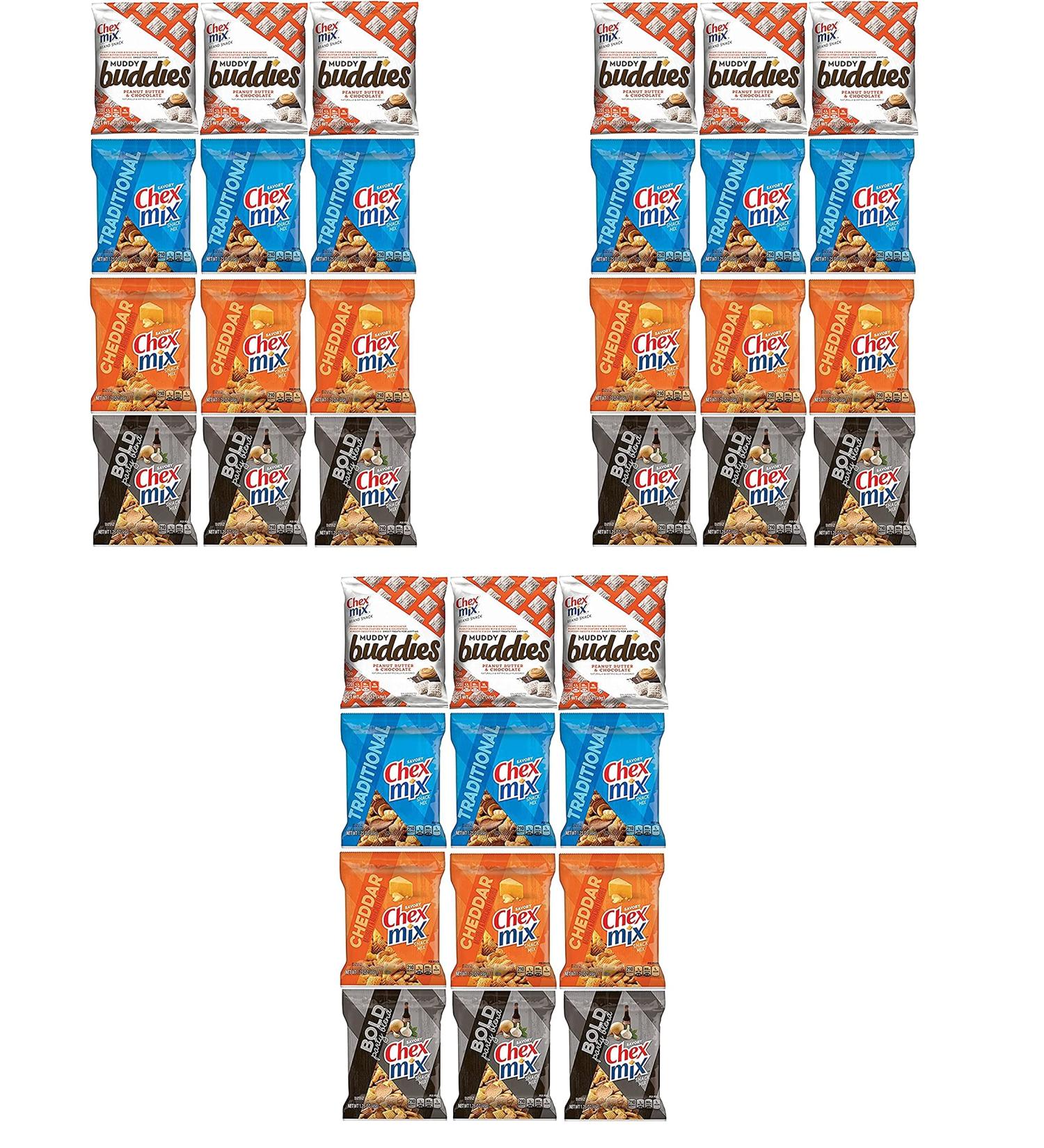 Chex Mix Brand Snacks Variety 12 Pack - Assortment Featuring Muddy Buddies, Traditional, Cheddar & Bold Party Mix 1.75oz Bags 12 Bags Total