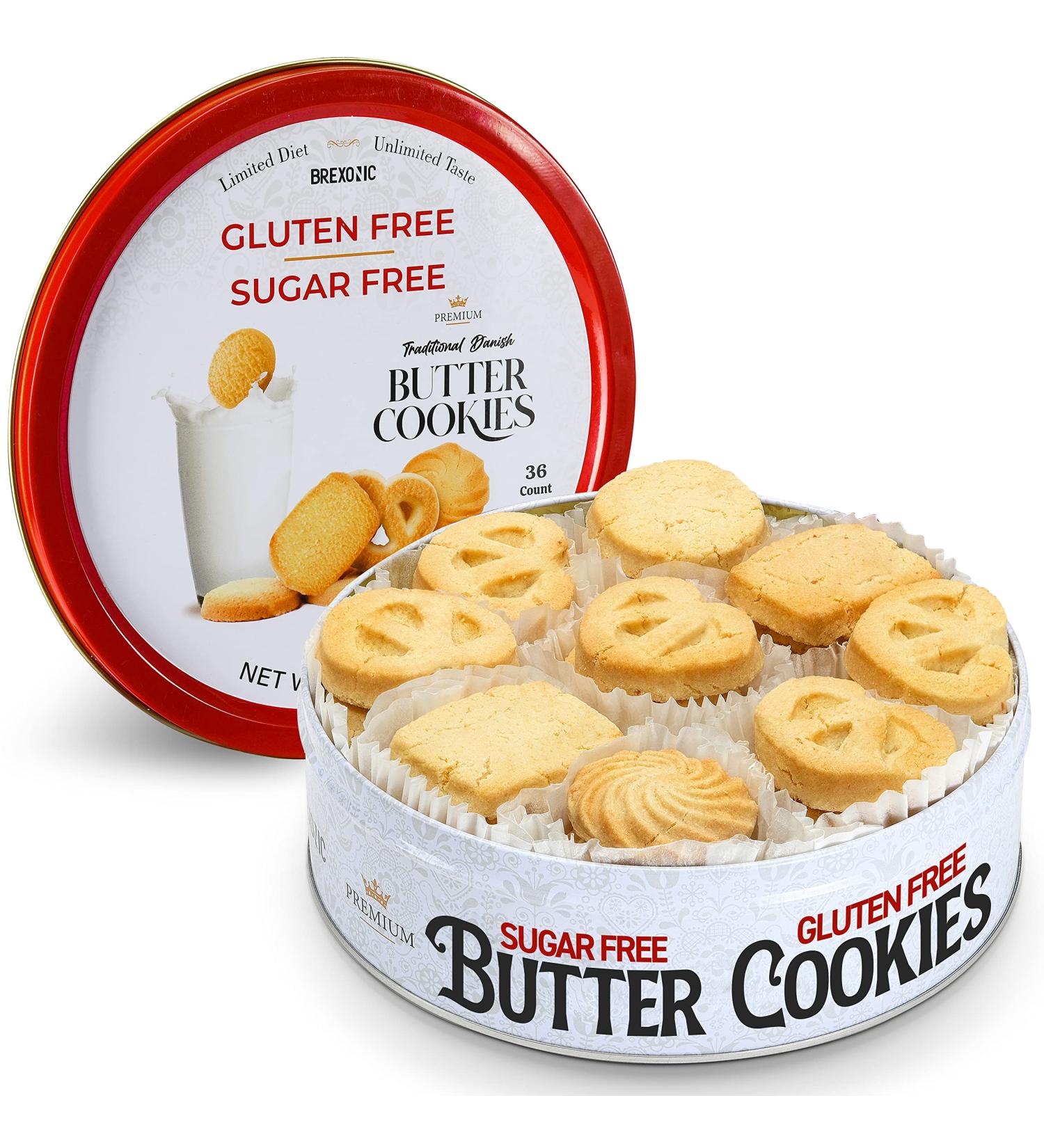 Gluten Free Sugar Free Butter Cookies Variety Tin - 36 Count Traditional Danish Cookies - Premium Assorted Gluten Free Cookies for Diabetics - No Preservatives or Coloring - 12 Ounce Tin - Buy Online on GoSupps.com