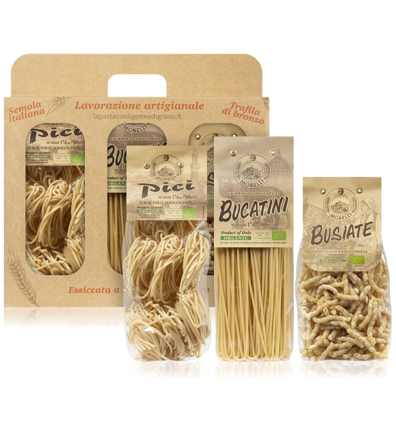 Morelli Busiate Pici and Bucatini Organic Pasta Variety Pack - Imported Italian Sampler - 3-17.6 oz Packages of Gourmet Pasta from Italy - Buy Online on GoSupps.com