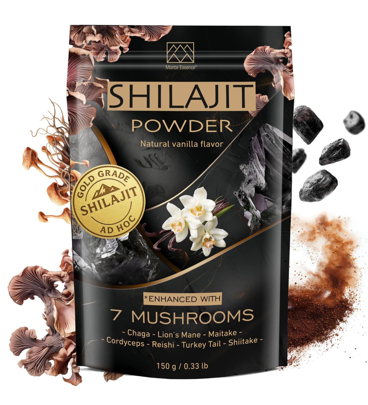 Gold Shilajit Powder & 7 Mushroom Complex Energy Focus & Brain Support Lion s Mane Chaga Reishi Cordyceps Turkey Tail Vanilla Flavored 150g 2000mg/Serving Vegan Non-GMO No Fillers - Buy Online on GoSupps.com