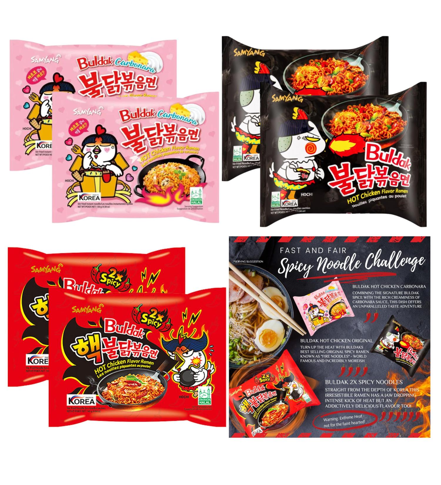 Ultimate Spicy Noodle Challenge Pack Samyang Buldak Variety Bundle with 2x Carbonara 2x Original Hot Chicken and 2x Nuclear Fire Double Spicy Noodles Korean Fire Noodle Challenge Kit - Buy Online on GoSupps.com
