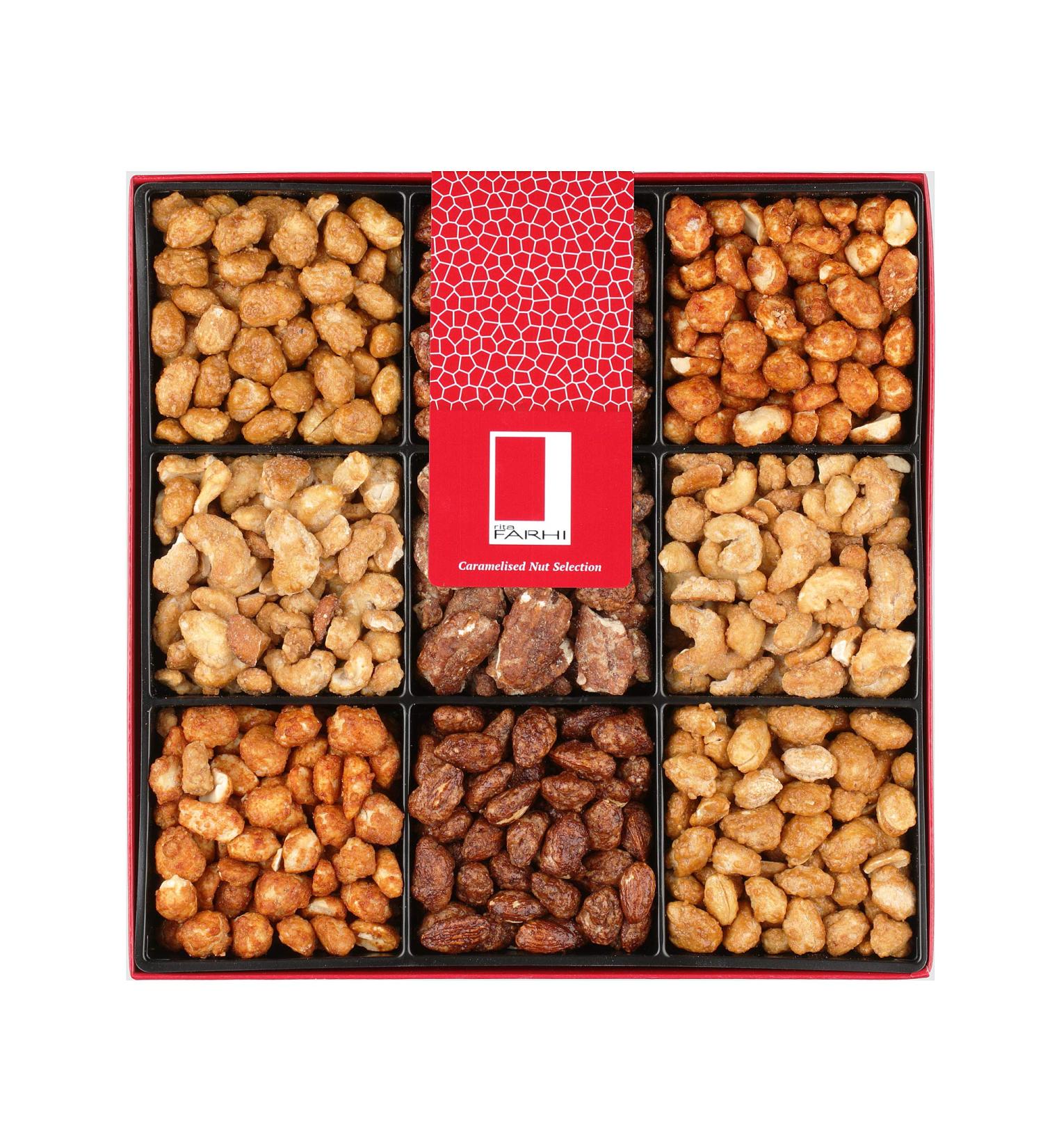 Rita Farhi Roasted & Caramelised Mixed Nut Selection Luxury Gift Box 940 g | Cashews Peanuts Pecans Almonds | Honey Roasted Salted & Chilli Flavours | Healthy Gourmet Food | Vegetarian | Kosher Luxury Mixed Nut Selection - Buy Online on GoSupps.com