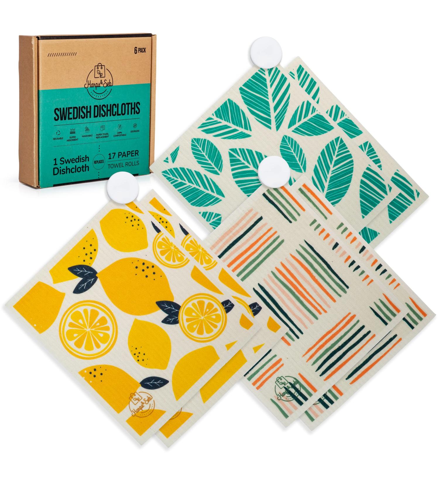 Harps&Seb Reusable Swedish Dishcloths Super Absorbent 6 Pack with Hanging Clips - Odorless Non Scratch Cellulose & Cotton Dish Towels for Kitchen - Washable & Eco-Friendly - Give Me Lemons - Buy Online on GoSupps.com