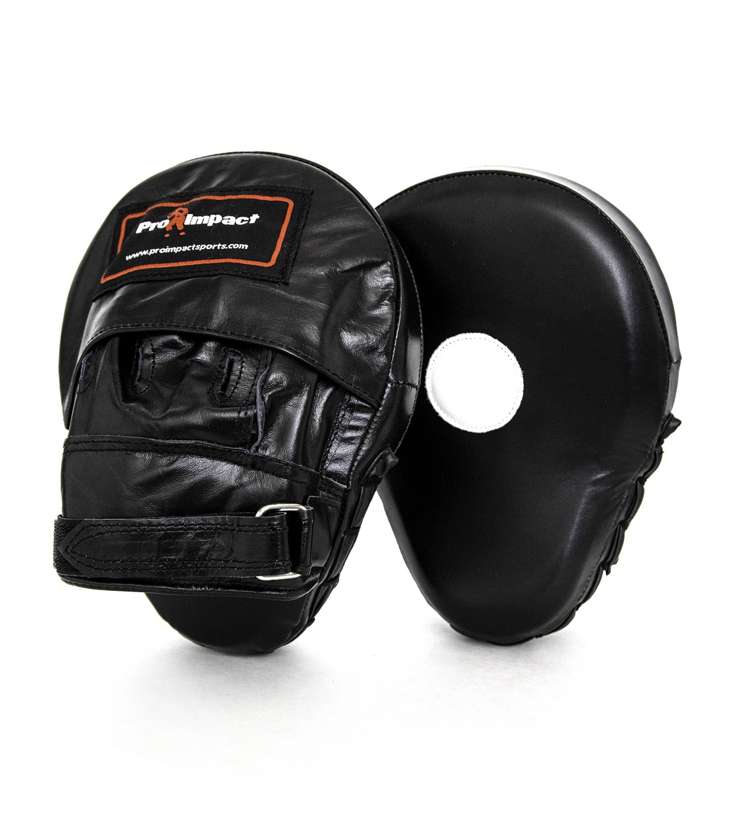Pro Impact Curved Focus Mitts - Genuine Leather - Shock Absorbent Hand Pads for Boxing, MMA, Muay Thai - Black - Buy Online on GoSupps.com