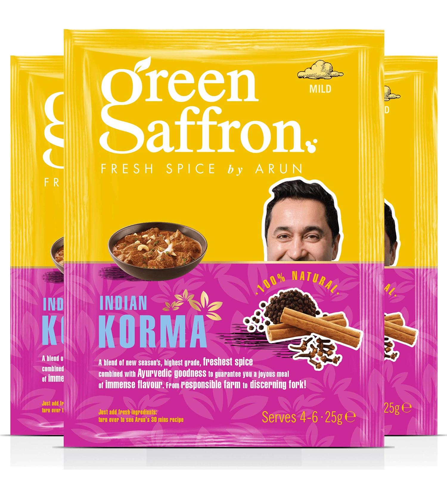 Green Saffron Indian Korma Curry Powder - Mild - 100% Natural Spices - Gluten Free - 3x25g Sachets - Buy Online on GoSupps.com