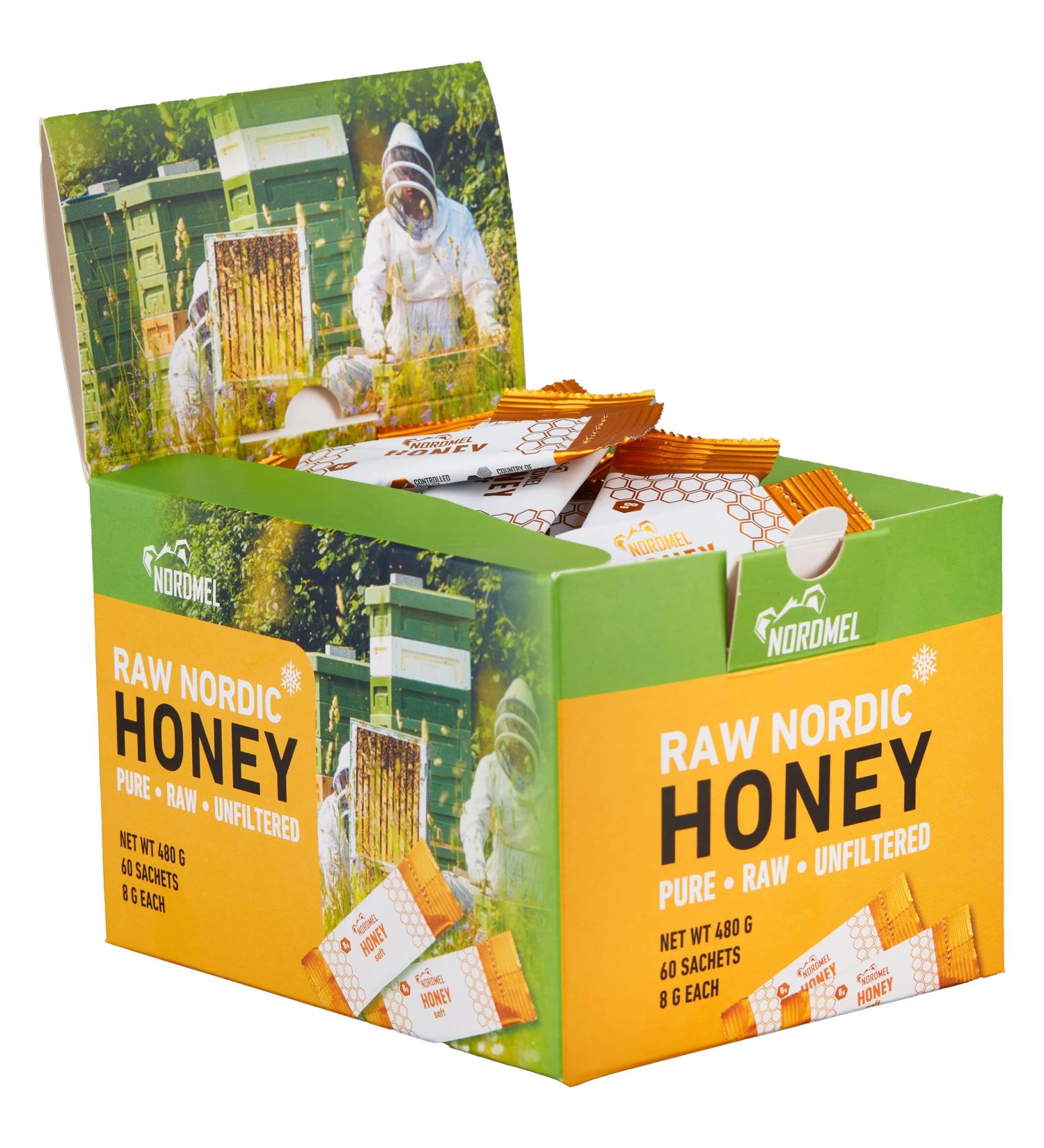Nordmel Honey Sachets Box of 60-8g Per Sachet - Pure Natural Soft Honey -Unpasteurised Unfiltered Crystallized Natural Honey - Buy Online on GoSupps.com