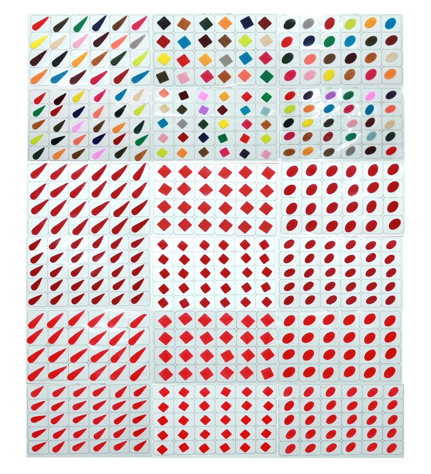 IS4A 486 Bollywood Forehead Stickers Adhesive Body Jewelry - 18 Cards Multicolour Bindi Velvet Drop Square & Oval Shaped Tattoo for Daily Use - Buy Online on GoSupps.com