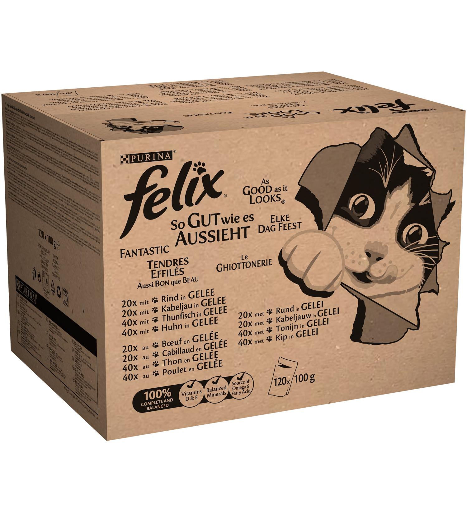 Felix Katznassfuck Jelly Mixed Variety - Cod Beef Chicken & Tuna Jumbo Pack (120x100g) - Premium International Pet Food - Buy Online on GoSupps.com