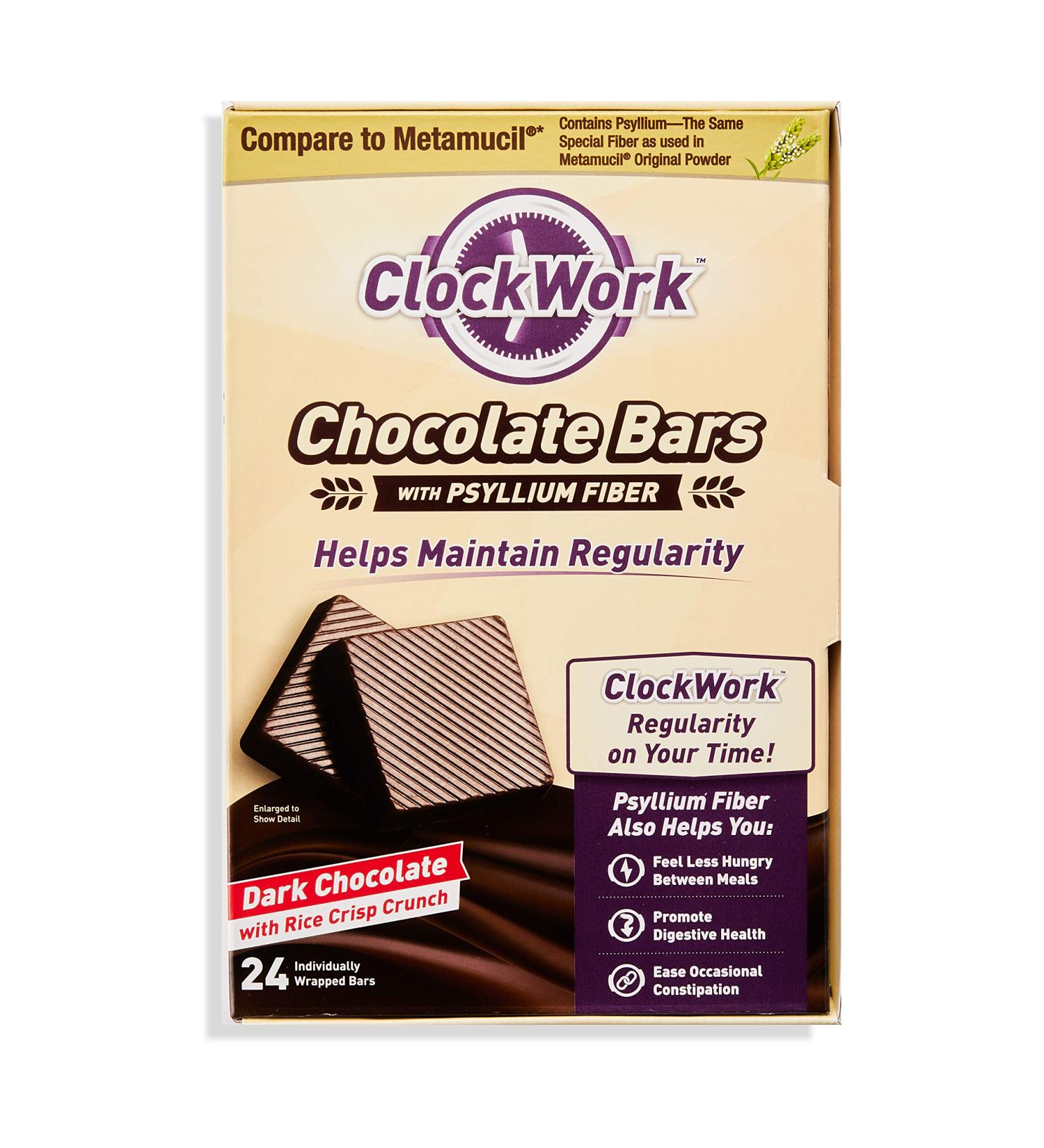 Clockwork Dark Chocolate Bars with Psyllium Fiber - Digestive Health Supplement - 24 Bars - Maintain Regularity and Reduce Hunger Between Meals - Buy Online on GoSupps.com