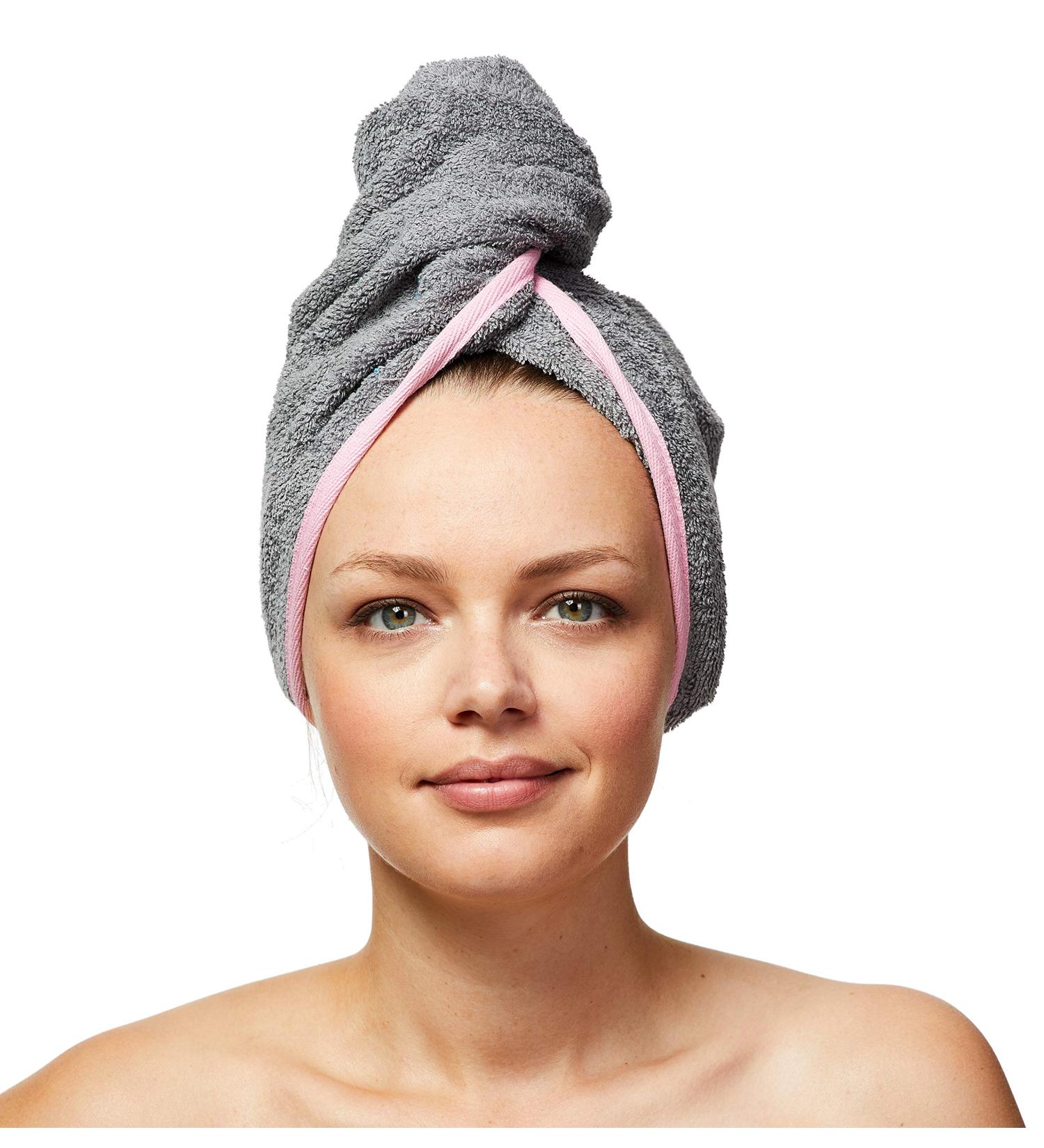 Sowel 100% Organic Cotton Hair Turban Towel - Button Design for Women & Men - Grey/Pink - Buy Online on GoSupps.com