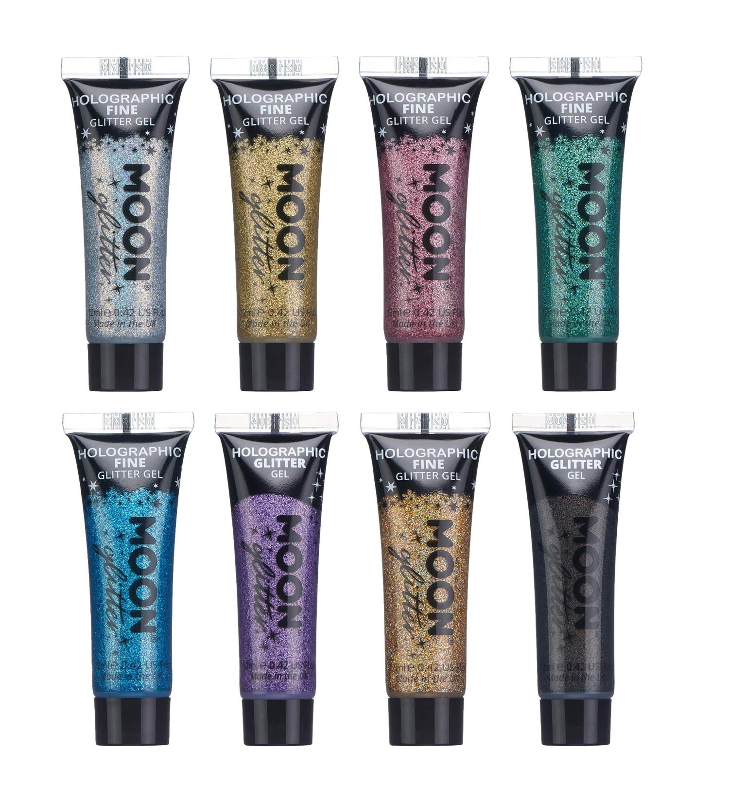 Holographic Face & Body Glitter Gel Set - 12ml x 8 Colors | Moon Glitter - Perfect for Makeup & Festivals - Buy Online on GoSupps.com