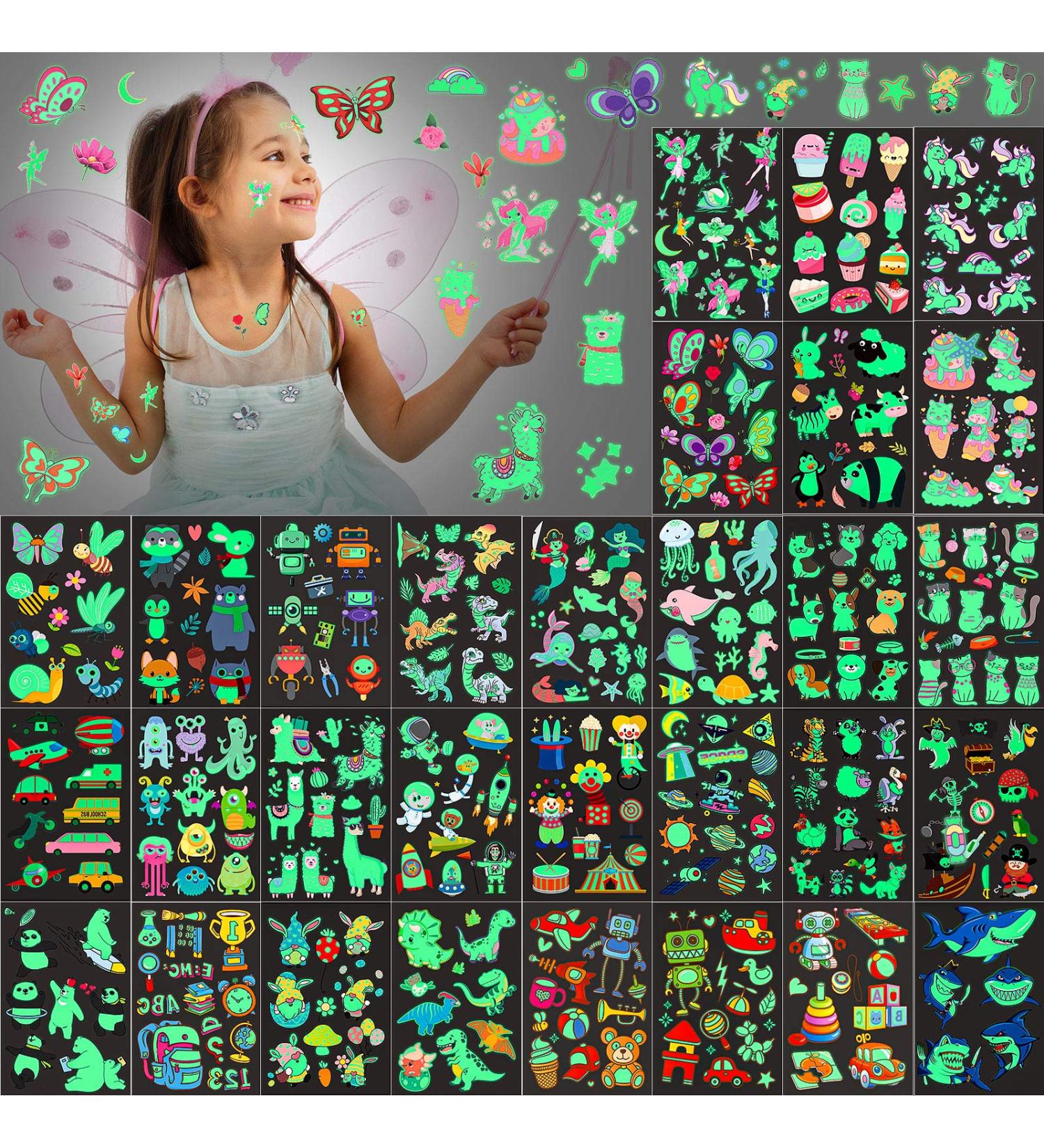 Sinmoe 400 Pcs Glow Temporary Tattoos for Kids | Waterproof Luminous Cartoon Tattoo Stickers | Unicorn Dinosaur Mermaid Animal Fake Tattoos | Party Supplies (30 Sheets) - Buy Online on GoSupps.com
