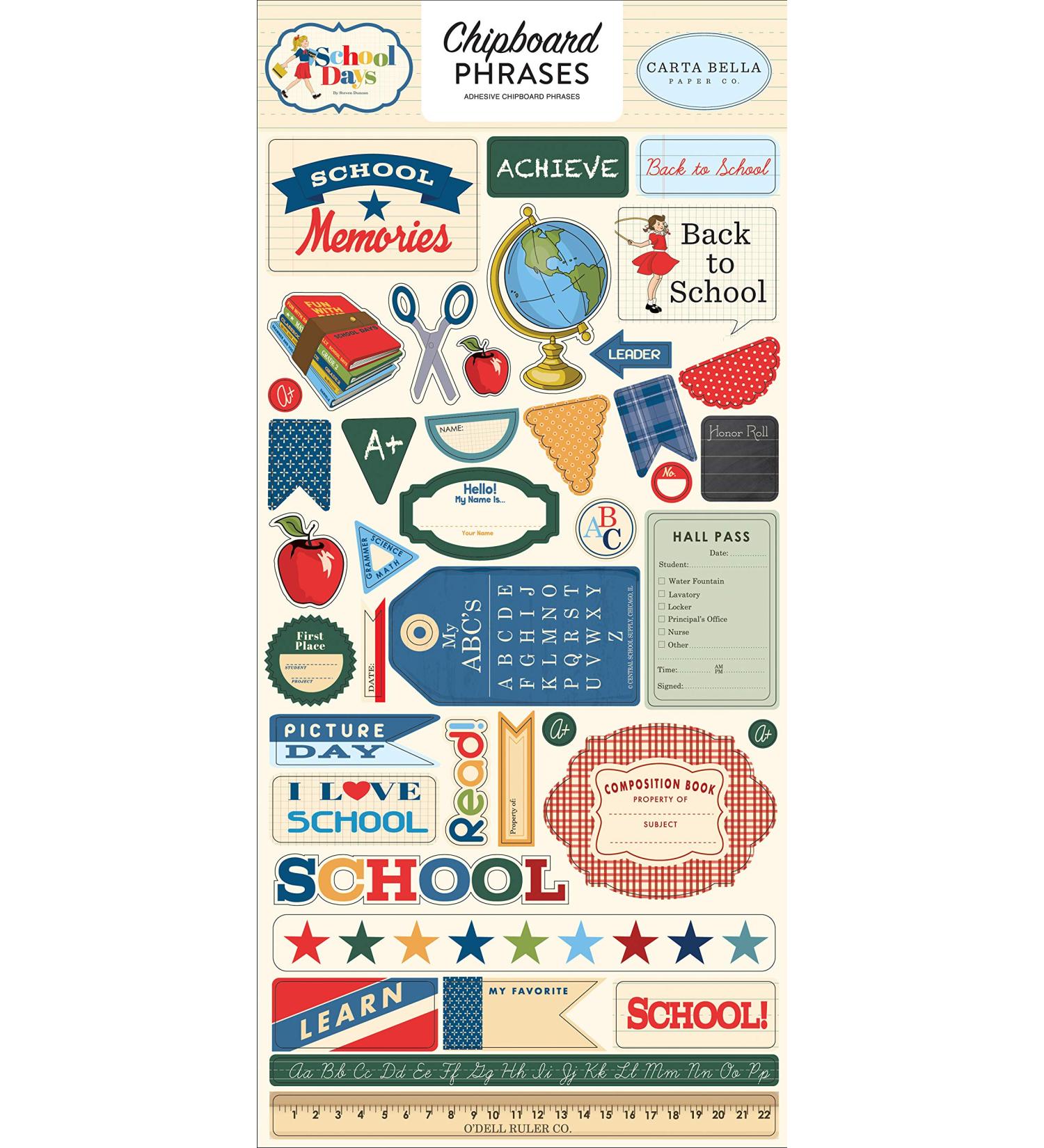 Carta Bella Paper Company School Days 6x13 Phrases chipboard, navy, red, yellow, green