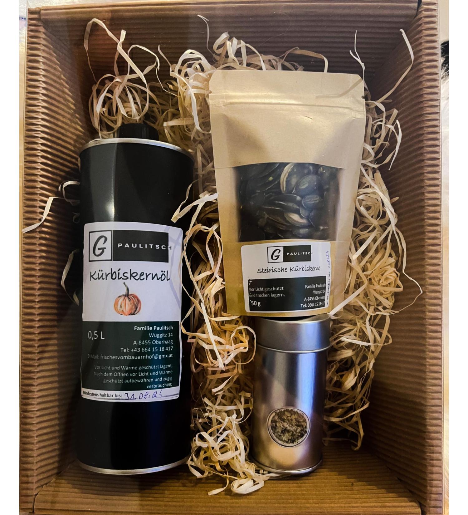 Handmade Gift Set: Pumpkin Seed Oil 500ml Pumpkin Seeds & Salt | Authentic Styrian Farm Shop Austria - Buy Online on GoSupps.com