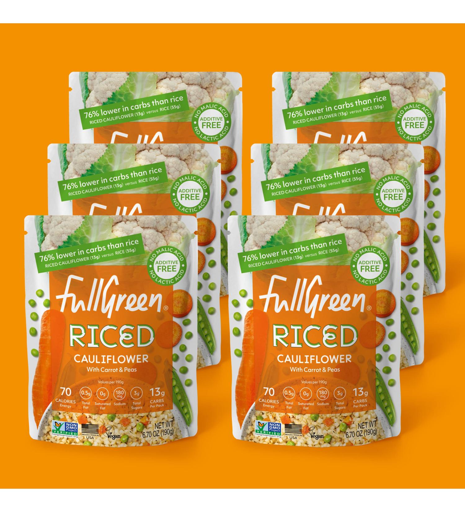 Fullgreen Riced Cauliflower with Carrots and Peas - Keto Friendly Non-GMO, Preservative-Free, Shelf-Stable (6 Pouches) - Buy Online on GoSupps.com