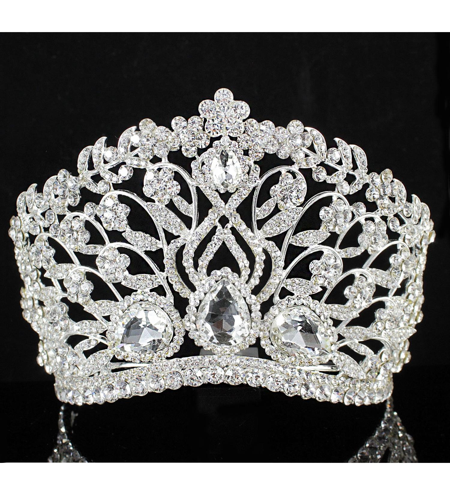 Janefashions Large Floral Rhinestone Tiara Crown Headpiece | Beauty Queen Princess Pageant | Bridal Silver T901 - Buy Online on GoSupps.com