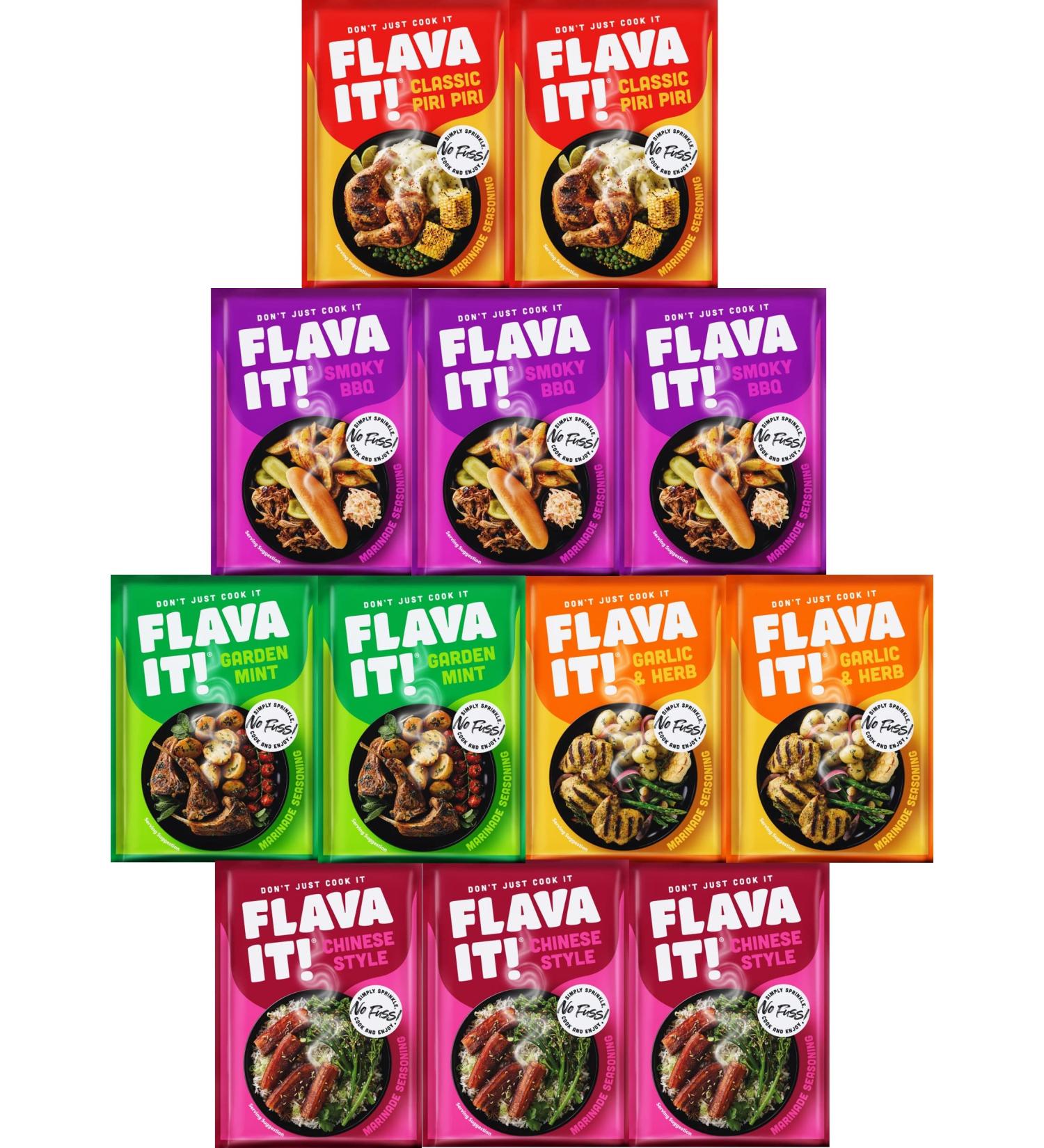 Flava It Seasoning Spices Marinade 12 x 35g - 5 Flavours Mix (Chinese Style Smokey BBQ Garden Mint Garlic & Herb Piri Piri) - Buy Online on GoSupps.com