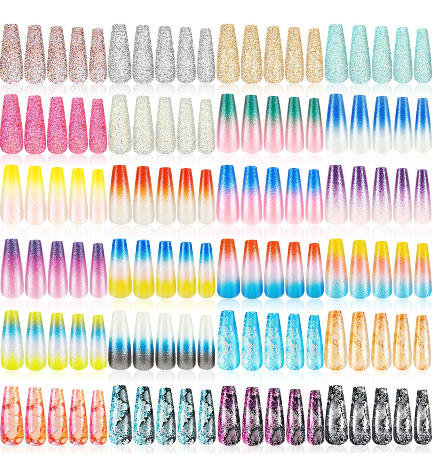 576 Pieces Glitter Extra Long Ballerina False Nails Set for Women - Multi-color ABS Press on Nail Tips - Full Cover Stick on Nails for Girls - Buy Online on GoSupps.com