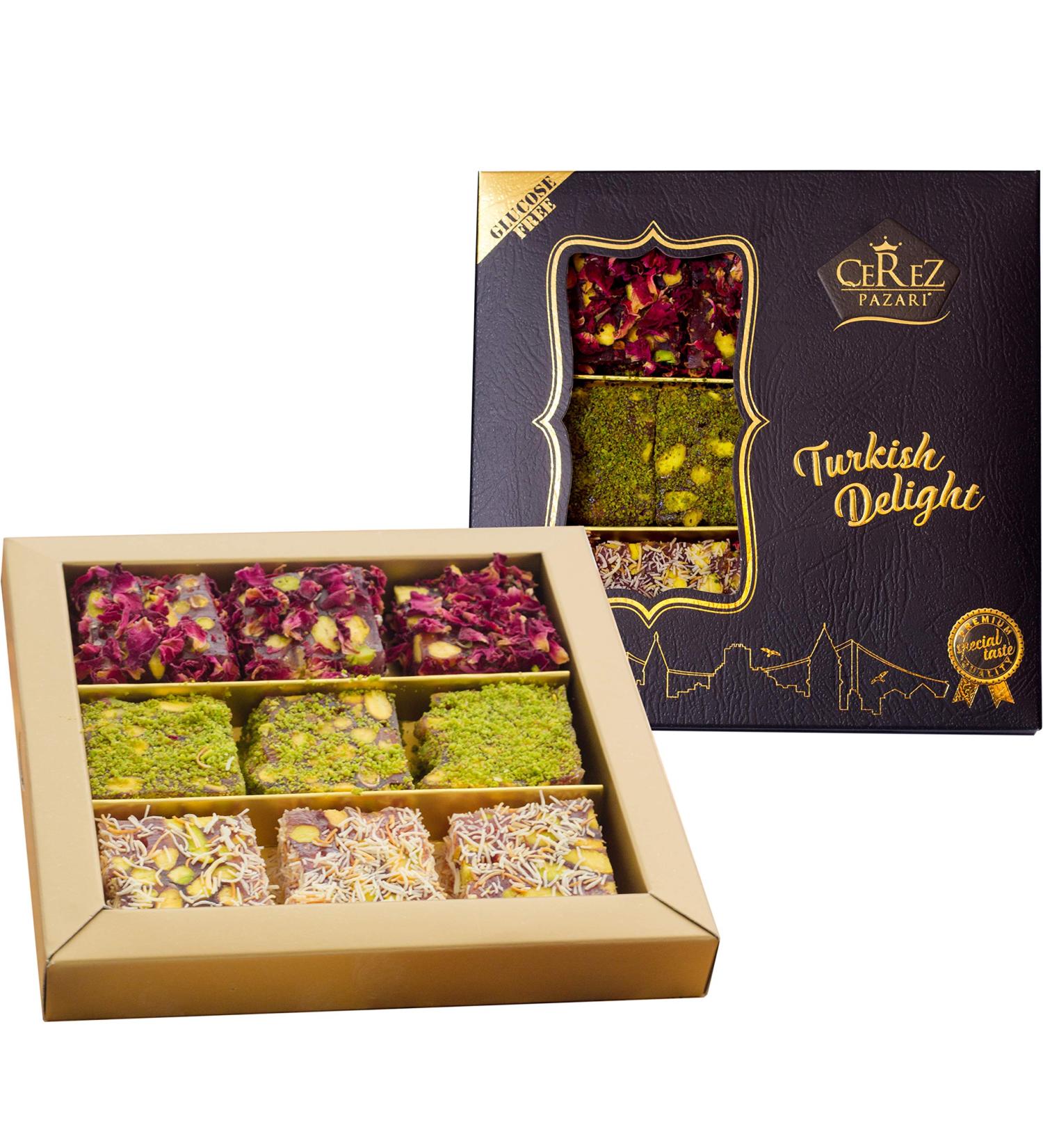 Cerez Pazari Turkish Delight Pistachio Rose & Pomegranate 8.8 oz Luxury Gift Box | Assorted Gourmet Vegan Lokum Candy - Buy Online on GoSupps.com