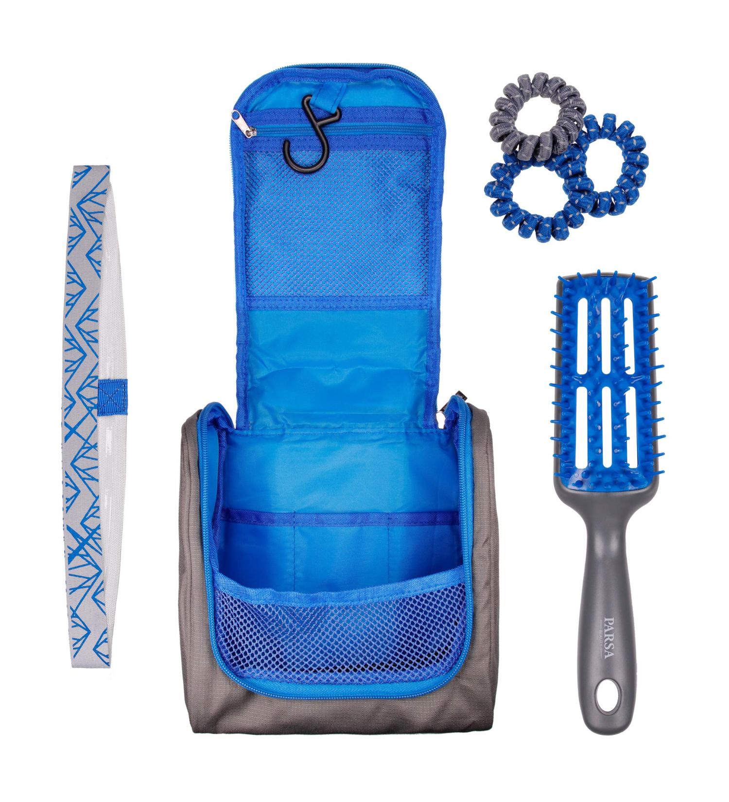 Practical Grey Blue Hanging Sports Toiletry Bag Set with Brush Hair Band & Ties | PARSA - Ideal for Travel & Gym - Buy Online on GoSupps.com