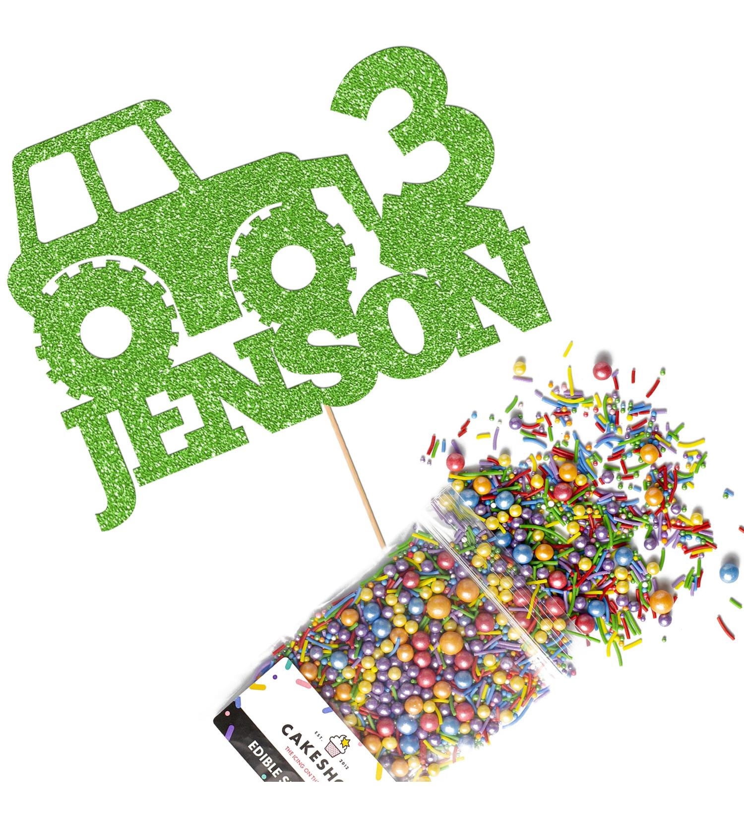 Cakeshop Cake Decoration Pack | Digger Tractor Premium Double Sided Glitter Card Cake Topper Sign & 25g Party Pack of Cake Sugar Sprinkles | Custom Name & Age Cake Decorations (Green) Non-Prime Glitter Card: Green - Buy Online on GoSupps.com