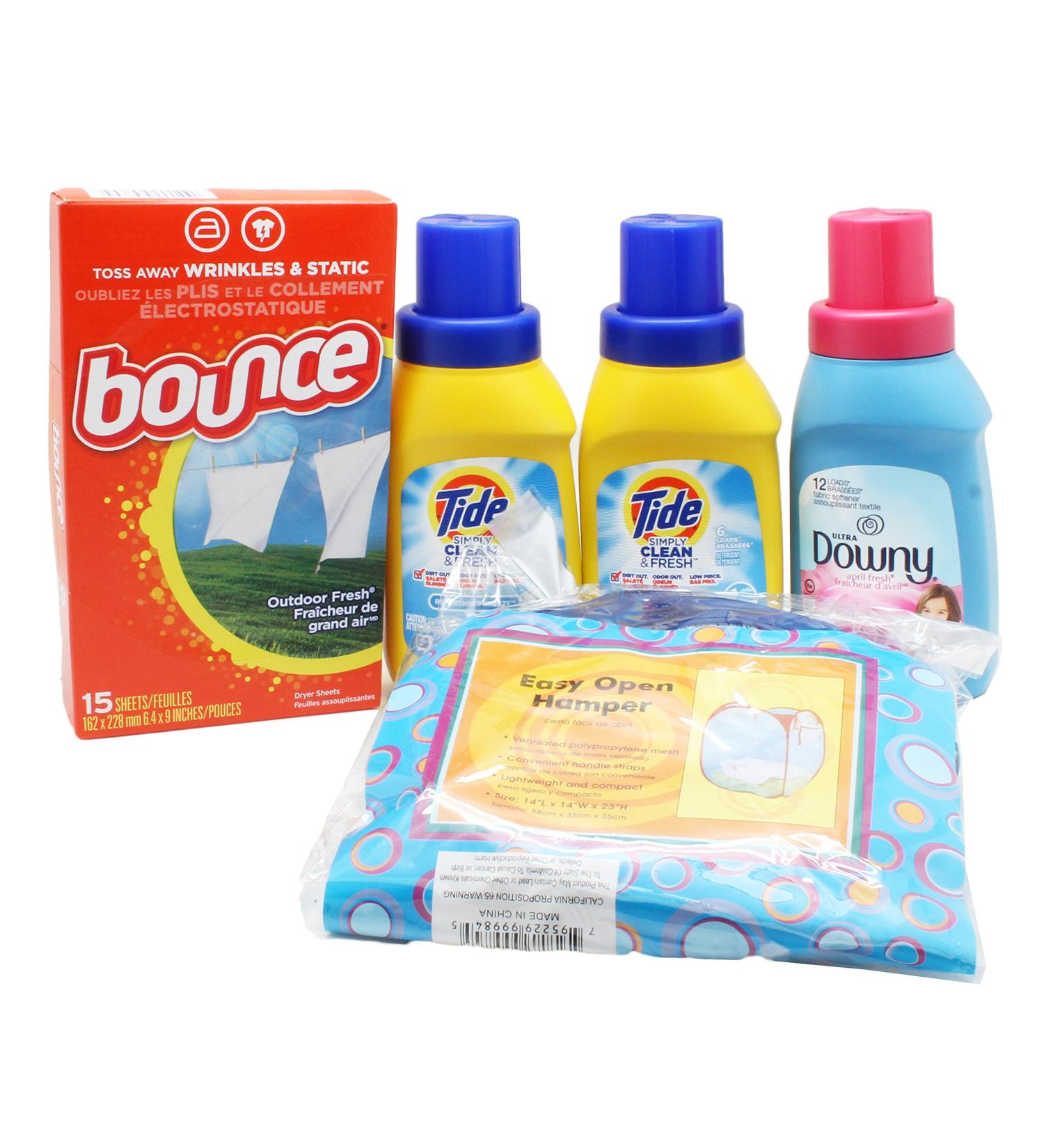 Ultimate Dorm Room Laundry Kit - Tide Detergent Downy Softener Dryer Sheets & Hamper for Hassle-Free Laundry - Buy Online on GoSupps.com